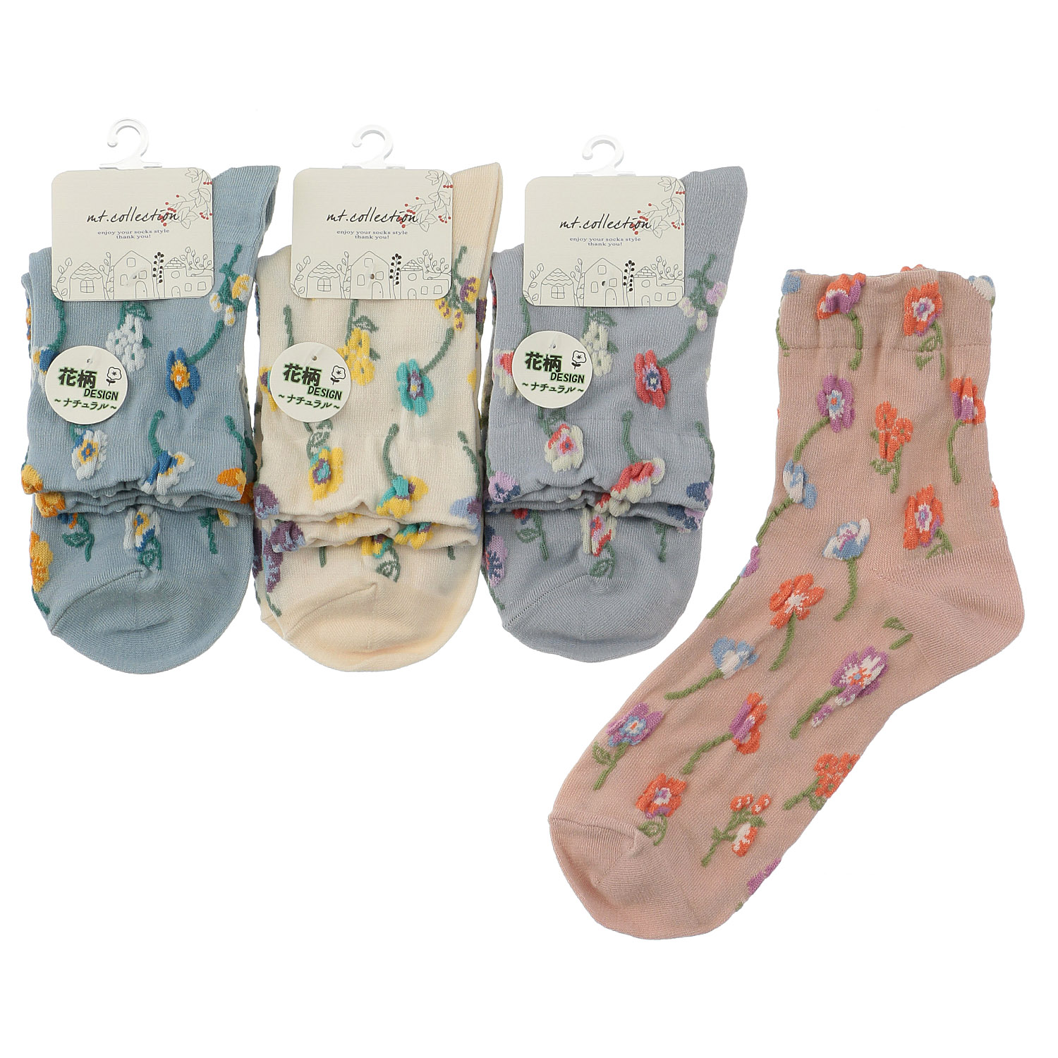 クルー丈 フロート花柄 靴下 - 画像1