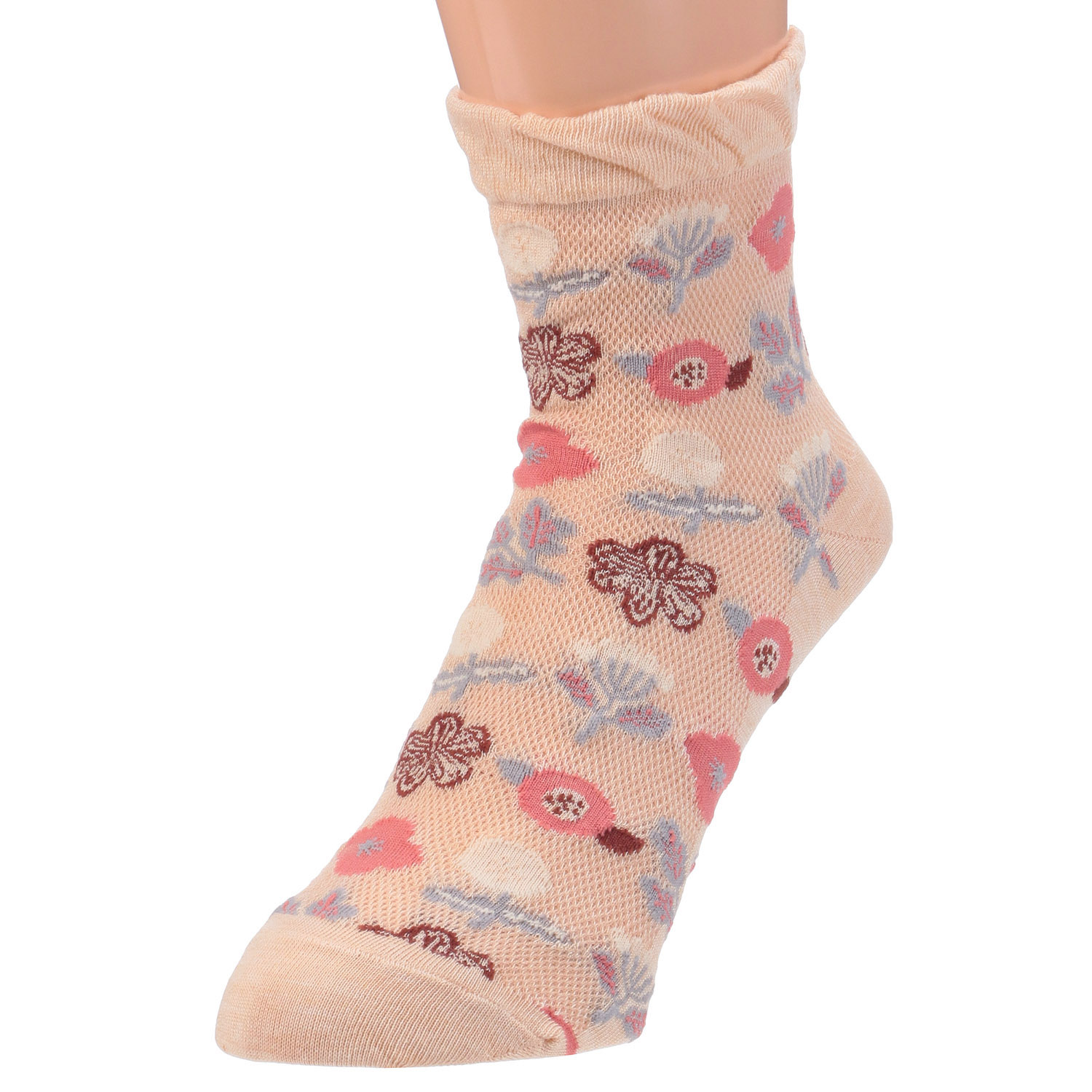 クルー丈 メッシュ   北欧風花柄 靴下 - 画像2