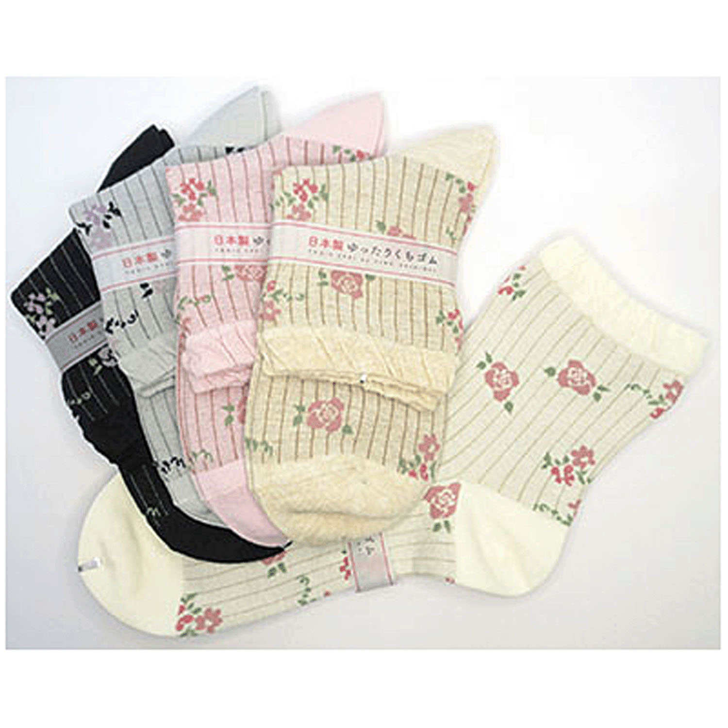 クルーソックス スパイラルストライプ＋薔薇柄 - 画像1