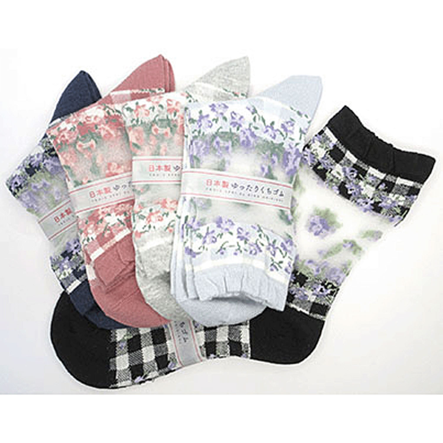 クルーソックス 足首テグス チェックと薔薇柄