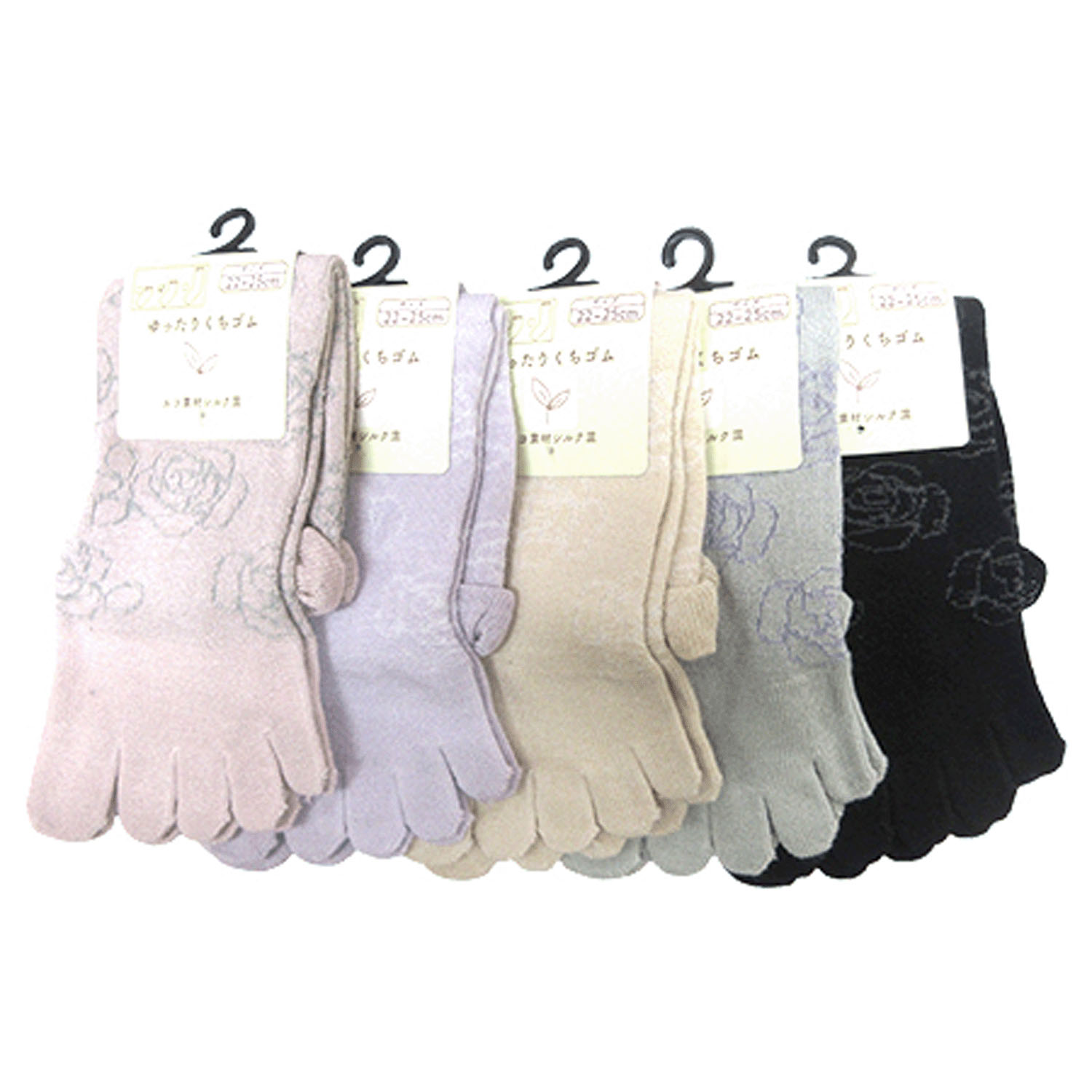 クルー丈 5本指 シルク混 スパイラル薔薇柄