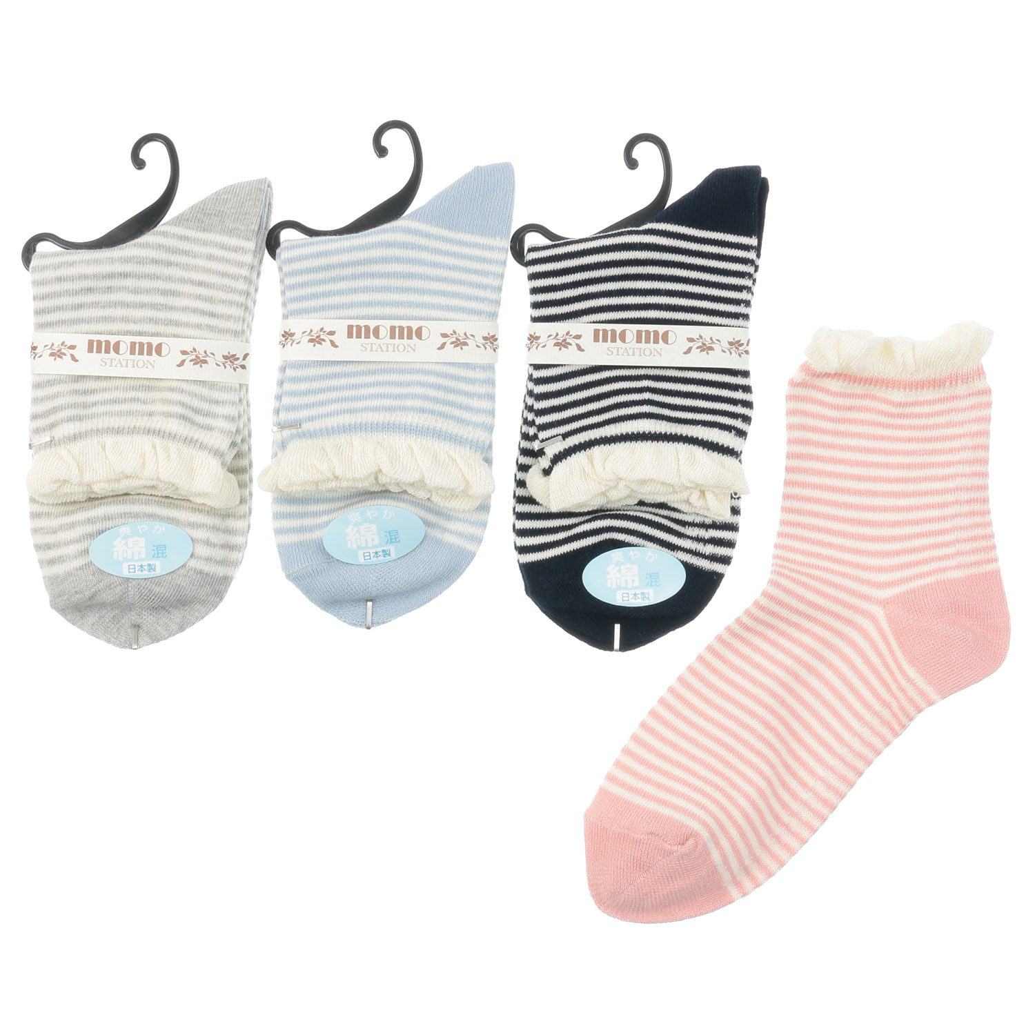 クルー 履き口フリル ボーダー 靴下 - 画像1