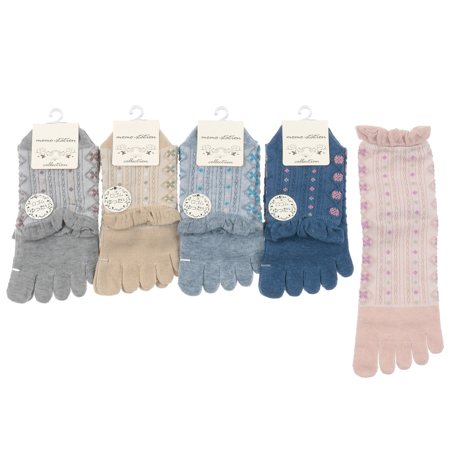 5本指 クルー スパイラル編み 小花柄