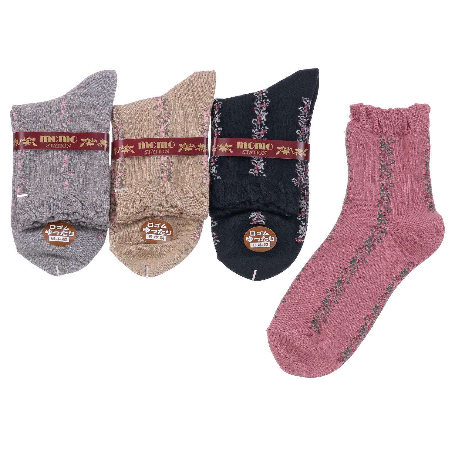 日本製 クルー丈  縦ライン花柄 靴下【在庫限り】