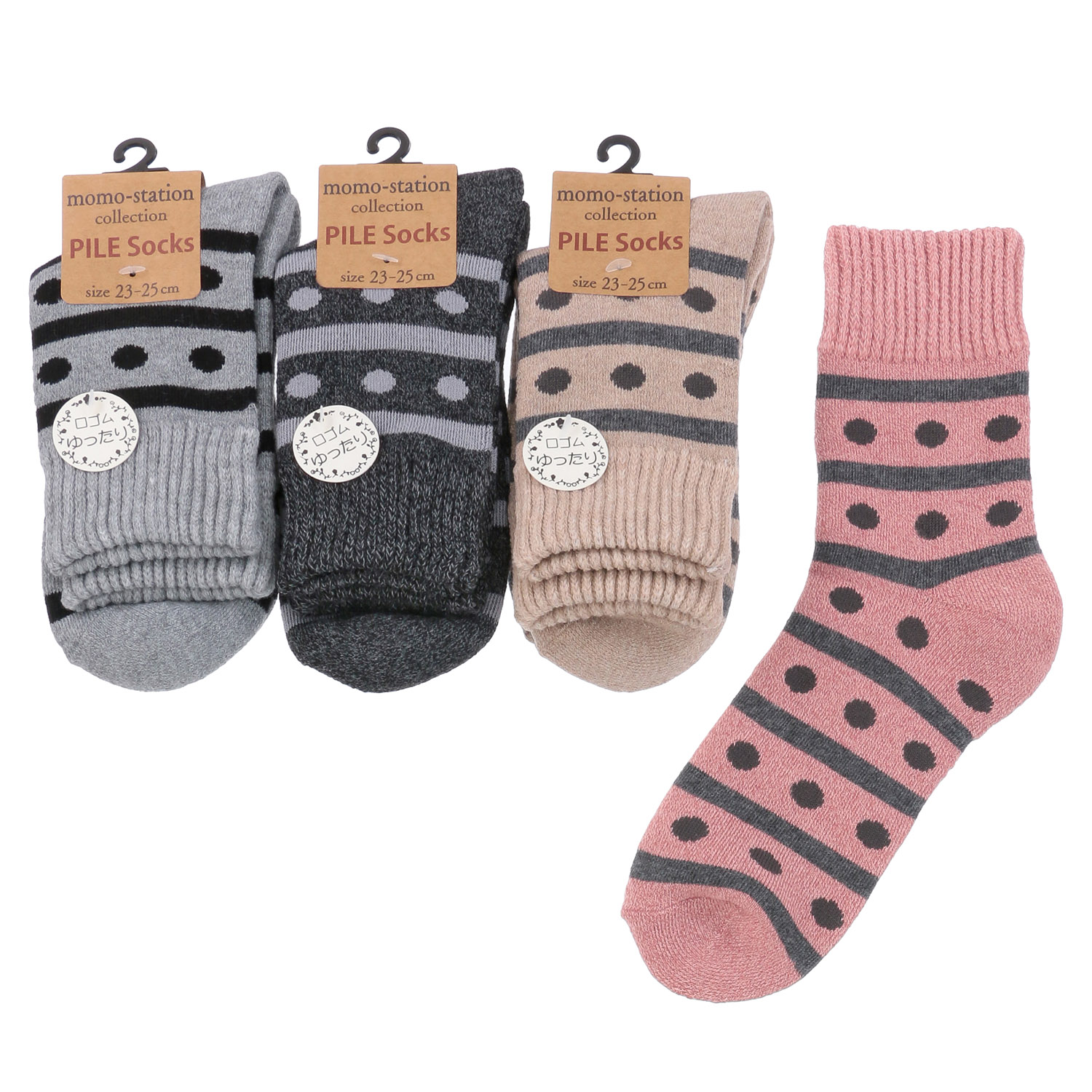 クルー丈 綿混 パイル 水玉切替  靴下【在庫限り】 - 画像1