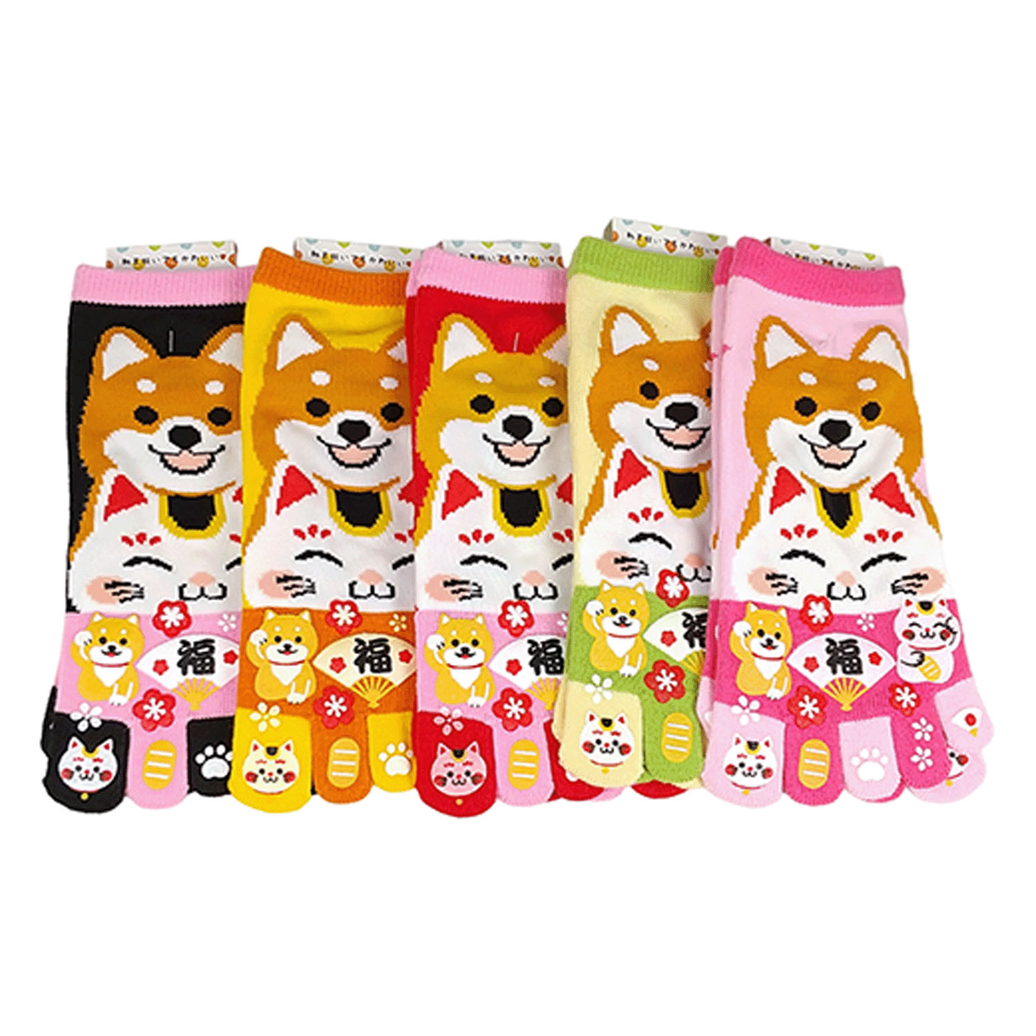 おもしろソックス 5本指 柴犬と招き猫 - 画像1