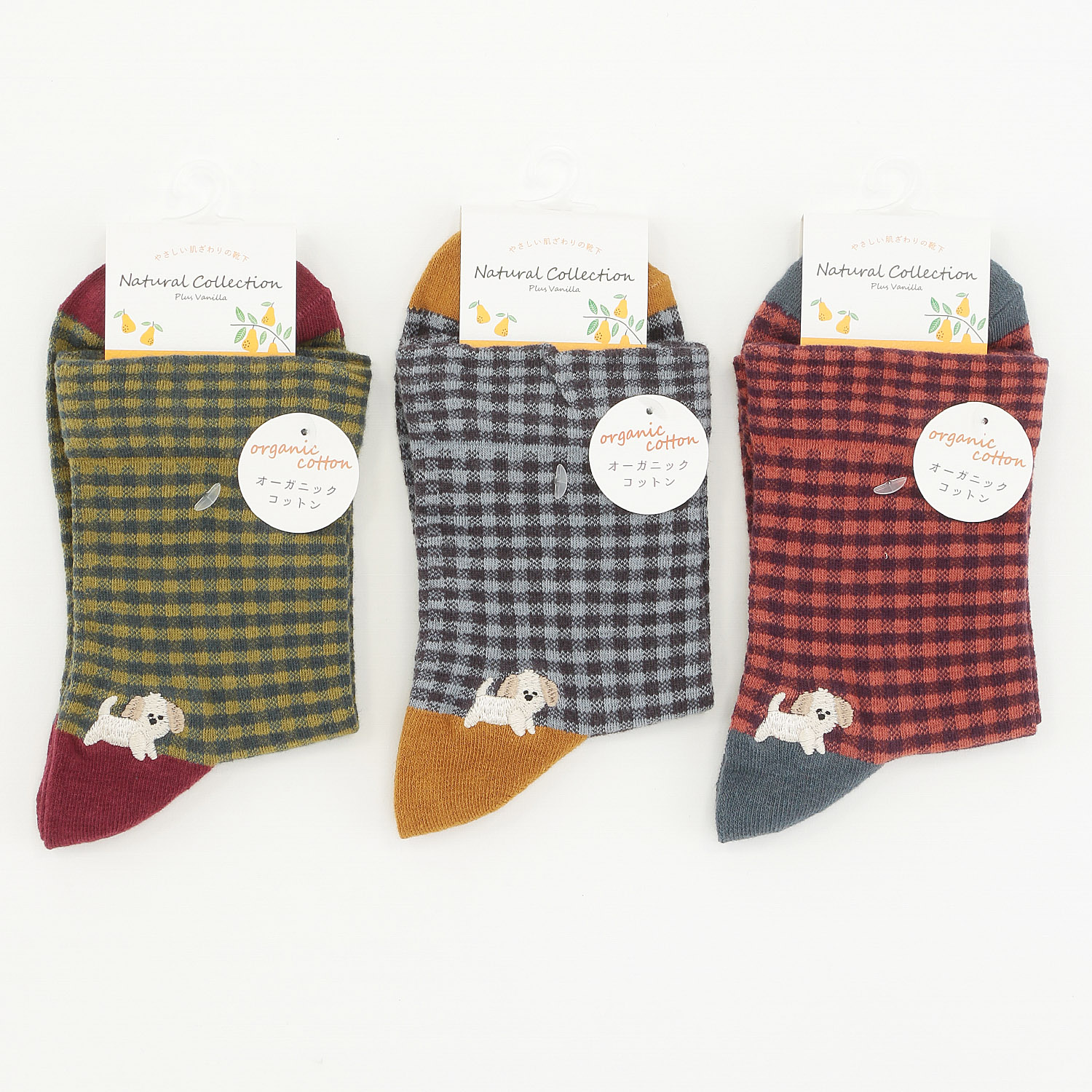 Natural Collection クルー丈 フロートチェックお散歩ワンコ刺繍【在庫限り】