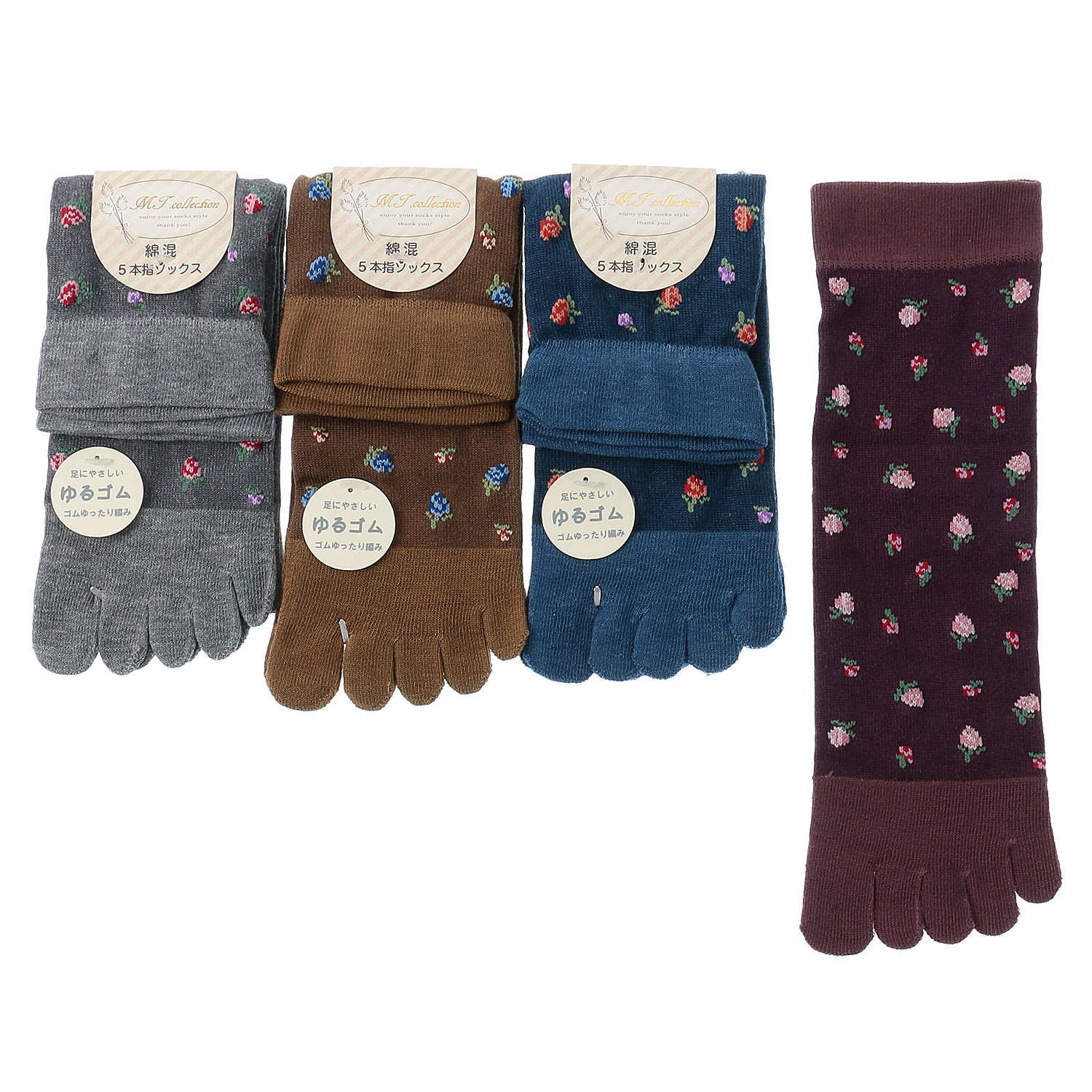 クルー丈 5本指 小花柄  靴下【在庫限り】