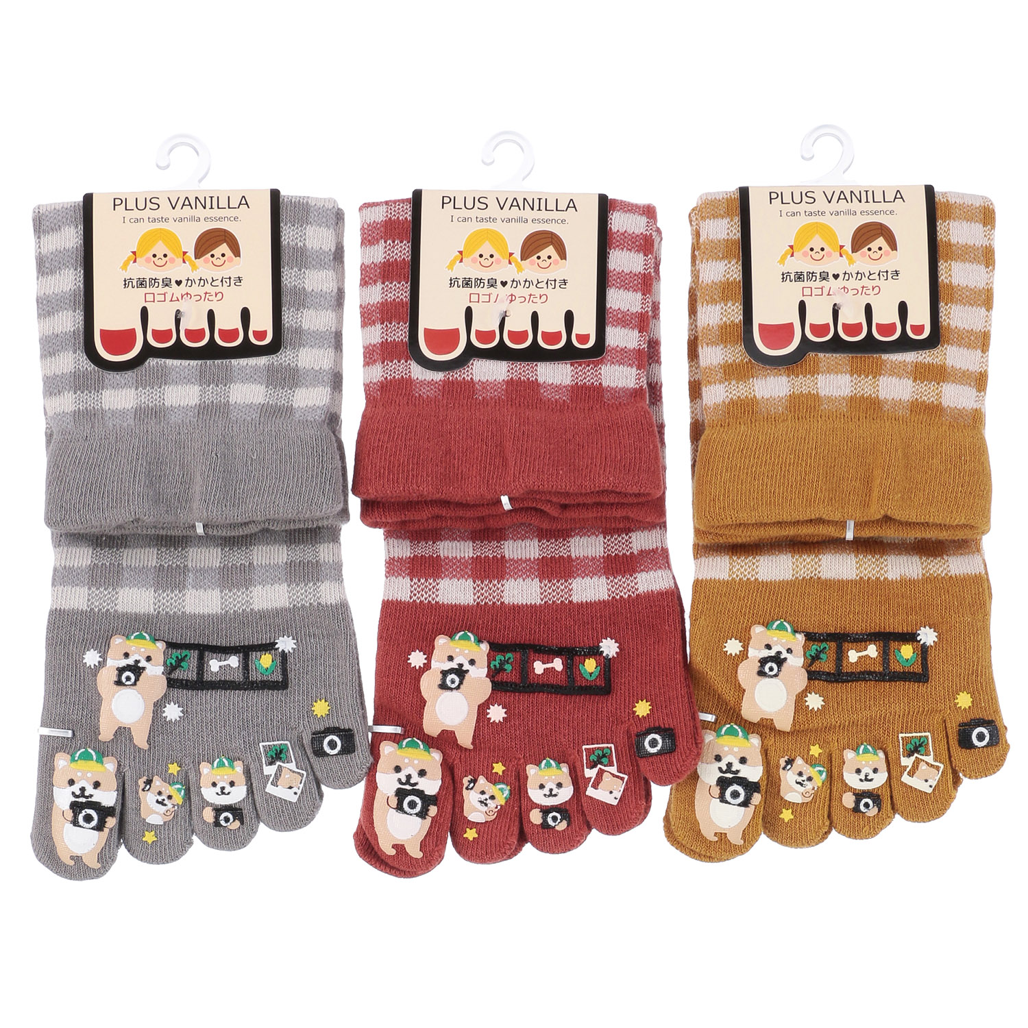 PLUS VANILLA クルー丈 5本指 カメラ付きの柴犬ラバー付き チェック柄【在庫限り】 - 画像1