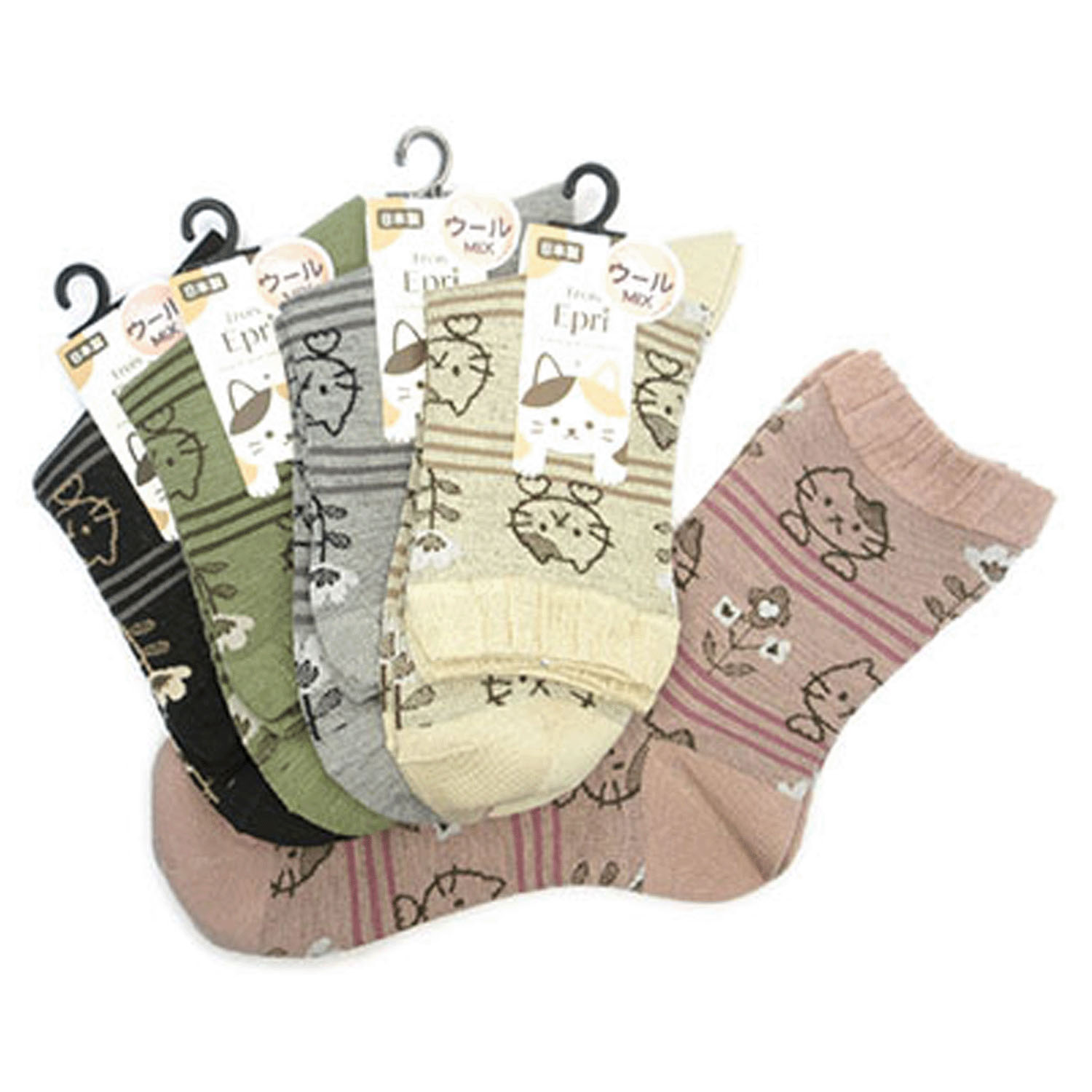 クルーソックス ウール混ボーダーに猫と花【在庫限り】 - 画像1