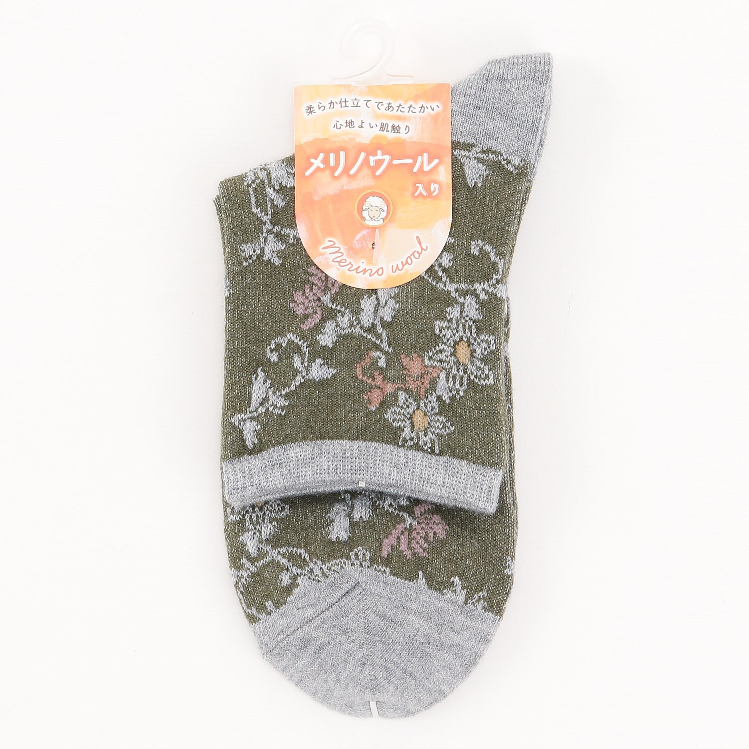 ロークルー丈  メリノウール入り フロート花 靴下【在庫限り】 - 画像2