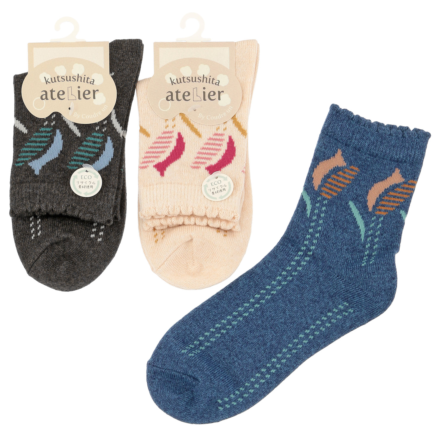 kutsushita atelier ロークルー丈 リサイクル素材使用 チューリップ柄 靴下【在庫限り】 - 画像1