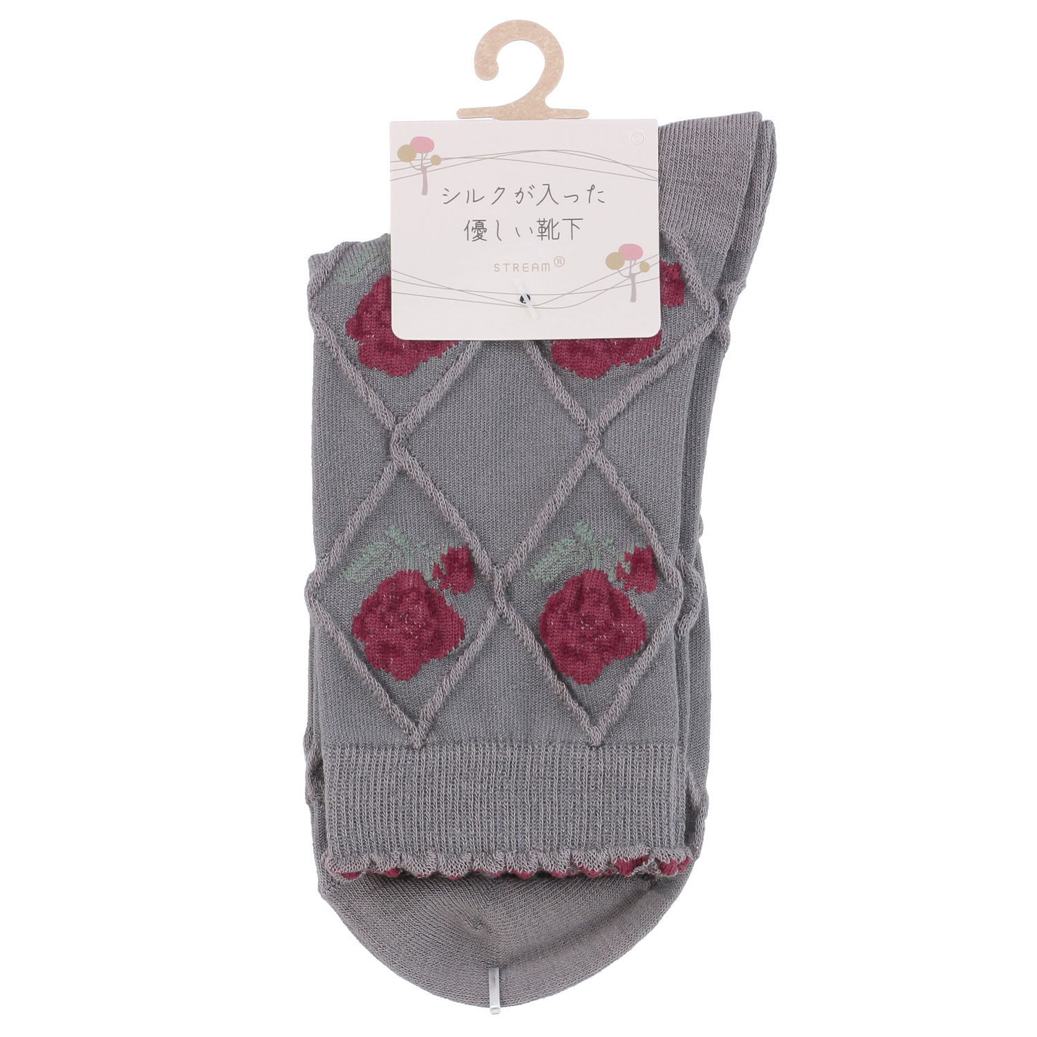 STREAM クルー丈 シルクの入った優しい靴下 バラ×ダイヤ柄【在庫限り】 - 画像3