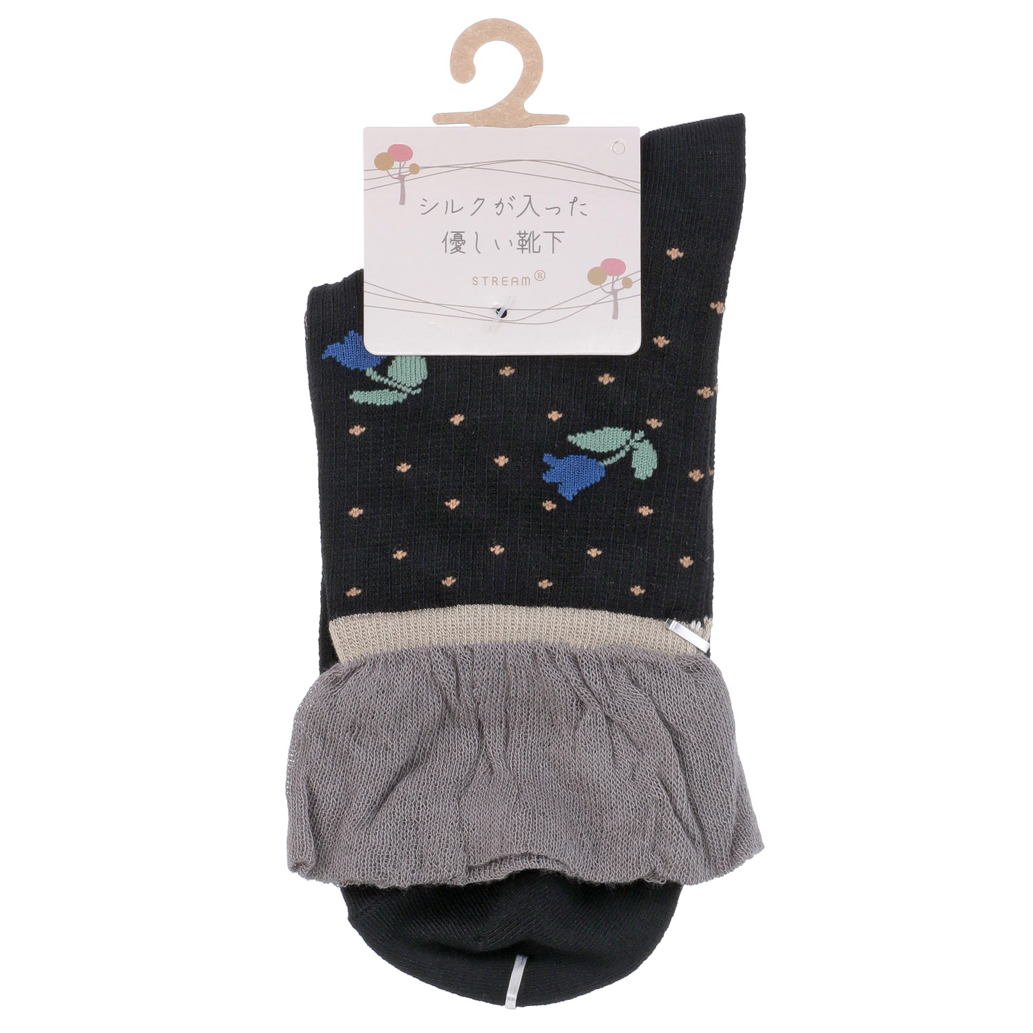 STREAM クルー丈 シルクの入った優しい靴下 ドット×チューリップ柄【在庫限り】 - 画像3