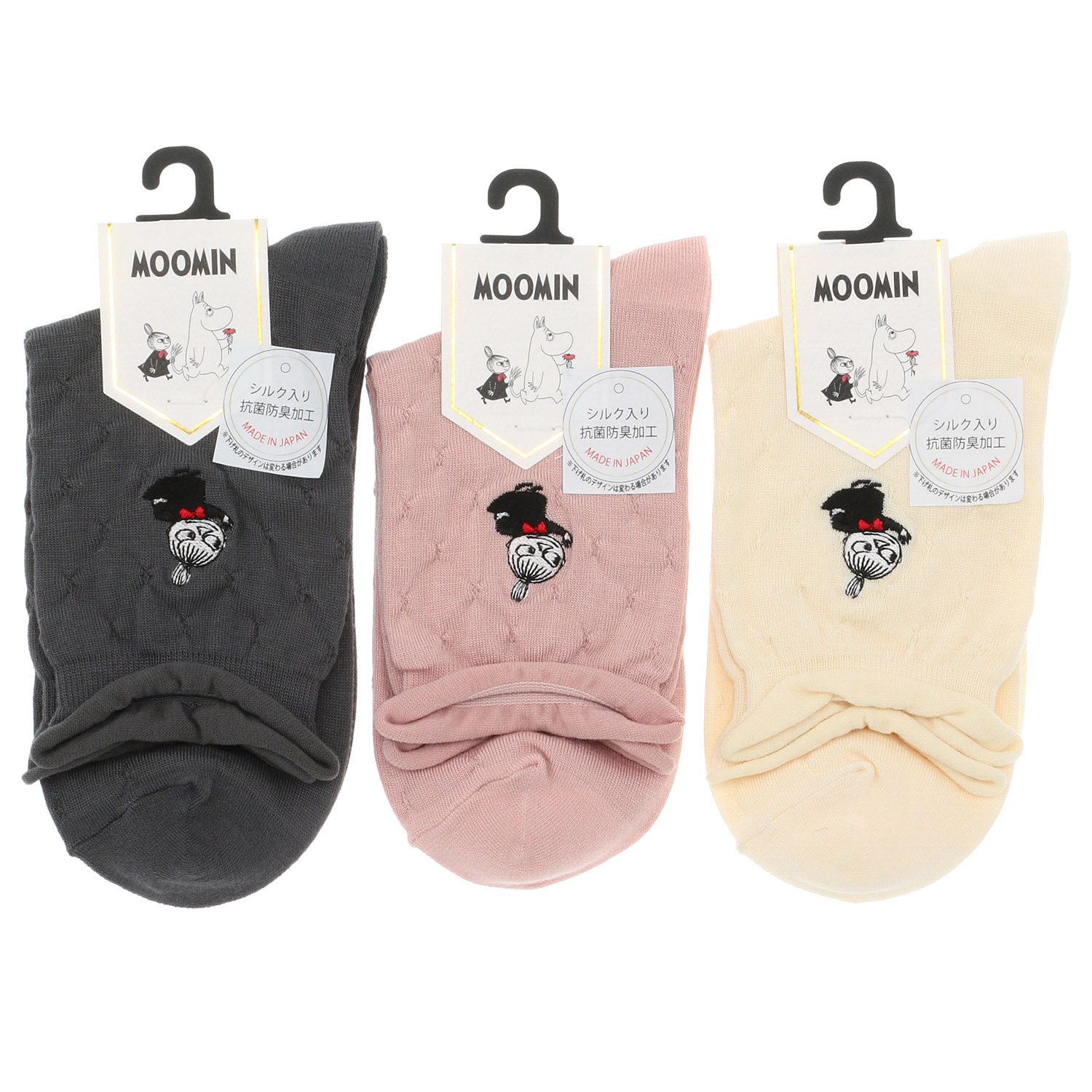 日本製 MOOMINロークルーソックス シルク入り タックキルティング風ミイ刺繍【在庫限り】