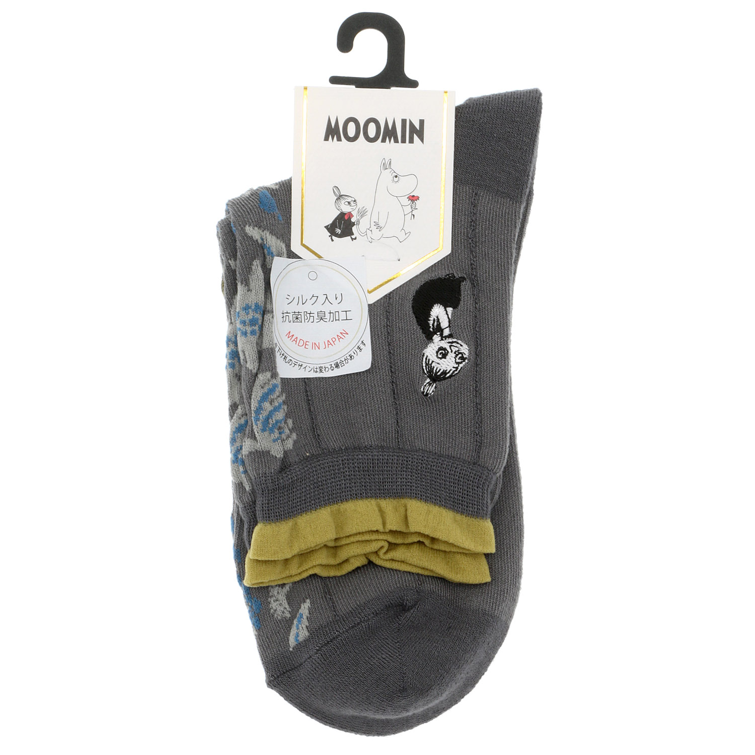 日本製 MOOMINロークルーソックス シルク入り 逆スパセンター花 ミムラ刺繍 - 画像2