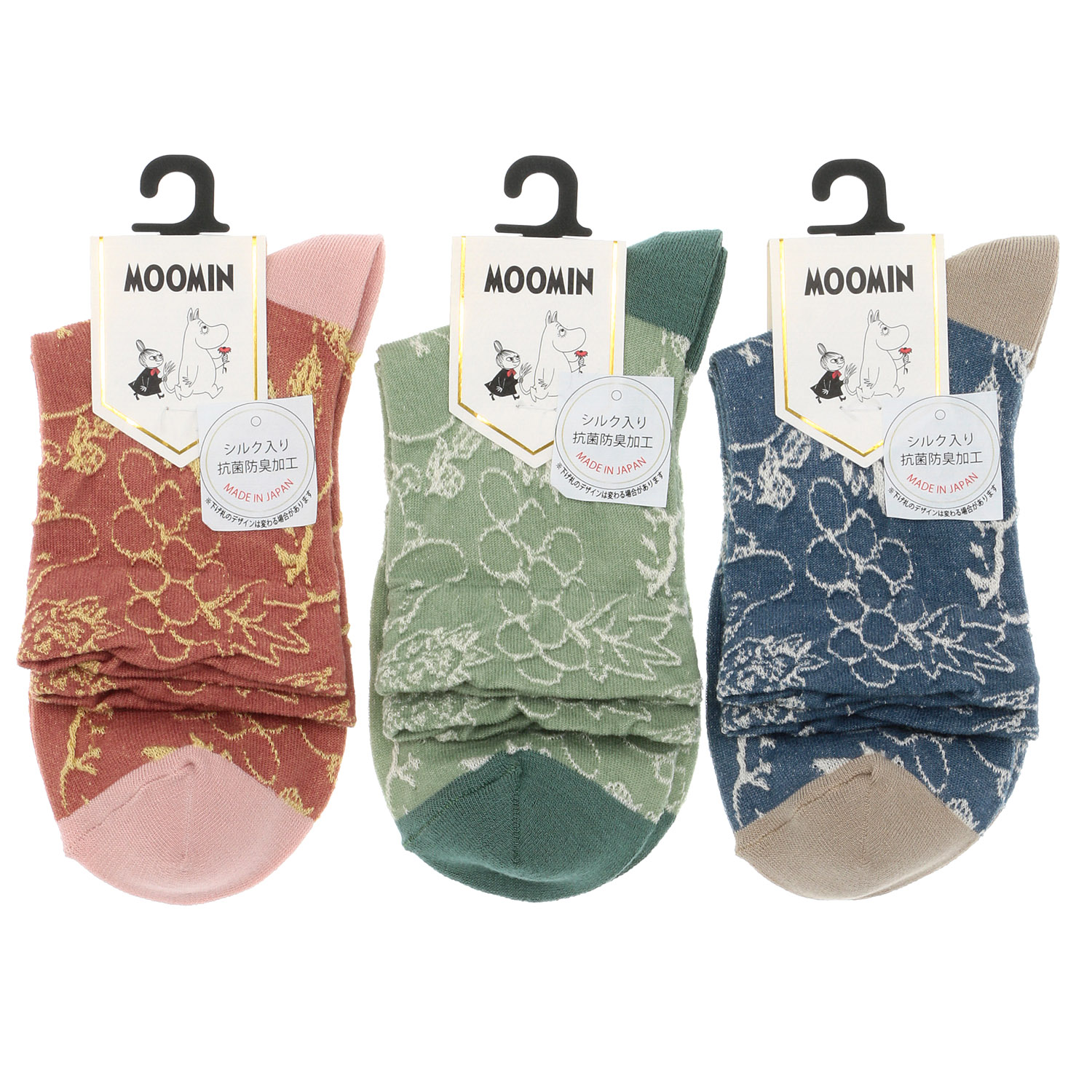日本製 MOOMINロークルーソックス シルク入り 逆スパフルーツガーデン柄【在庫限り】