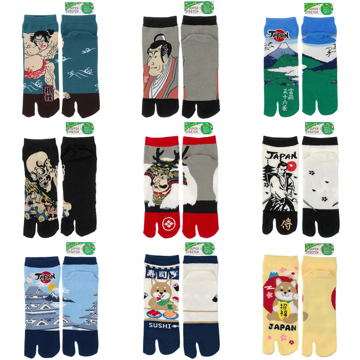新柄9柄追加！【大寸】JAPANESE SOUVENIR SOCKS のびのびストレッチ足袋 スニーカー丈24－30 cm
