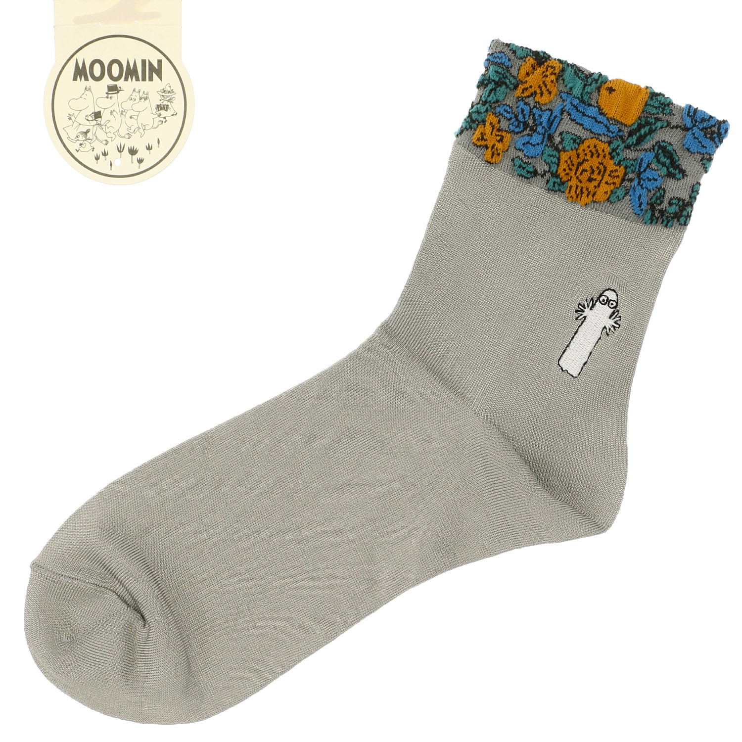 MOOMIN ロークルーソックス ゴム口逆スパ 花柄＋ニョロニョロ刺繍 - 画像2