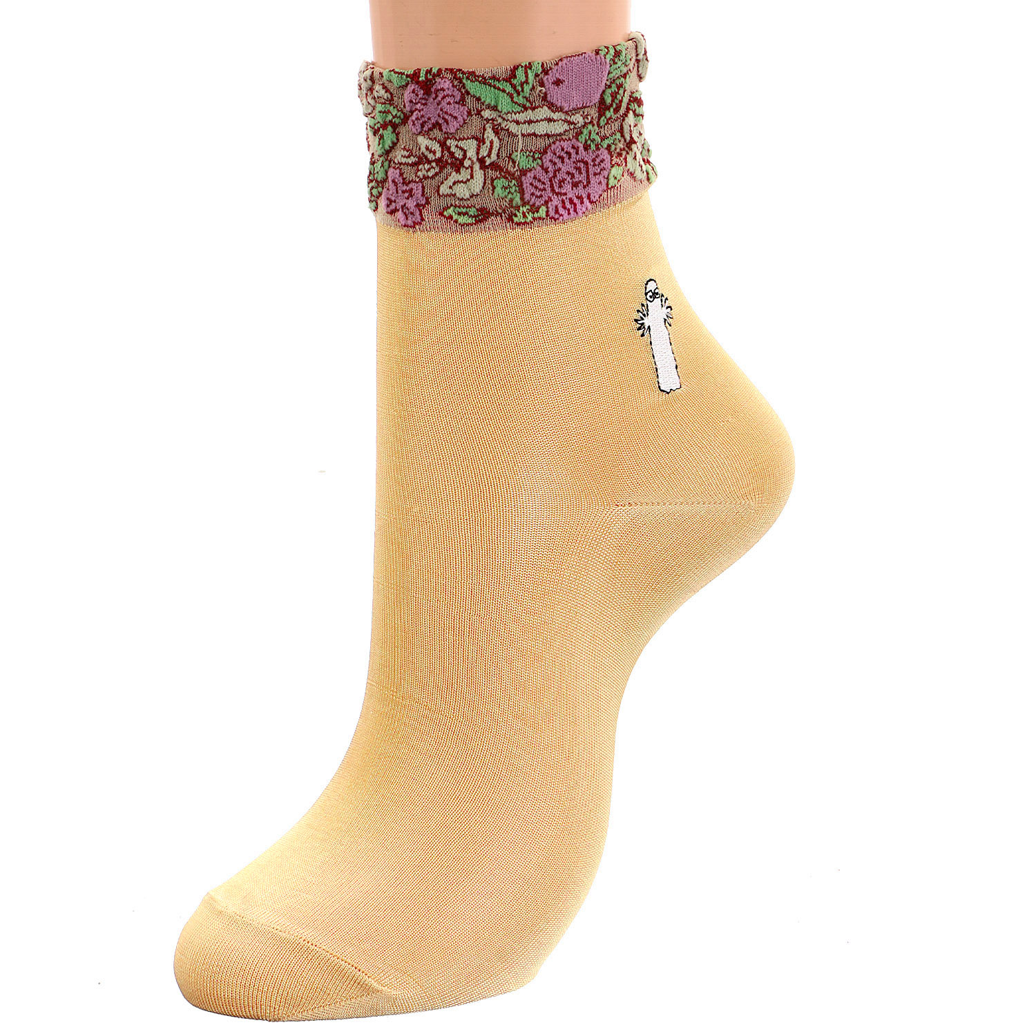 MOOMIN ロークルーソックス ゴム口逆スパ 花柄＋ニョロニョロ刺繍 - 画像5