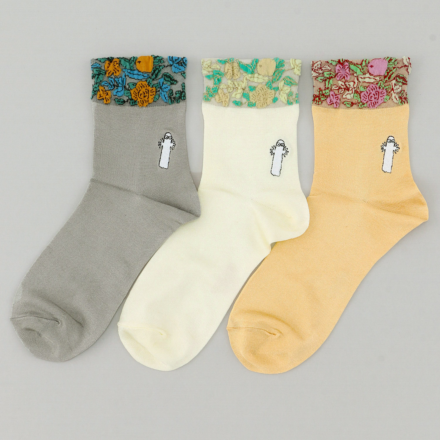 MOOMIN ロークルーソックス ゴム口逆スパ 花柄＋ニョロニョロ刺繍 - 画像1