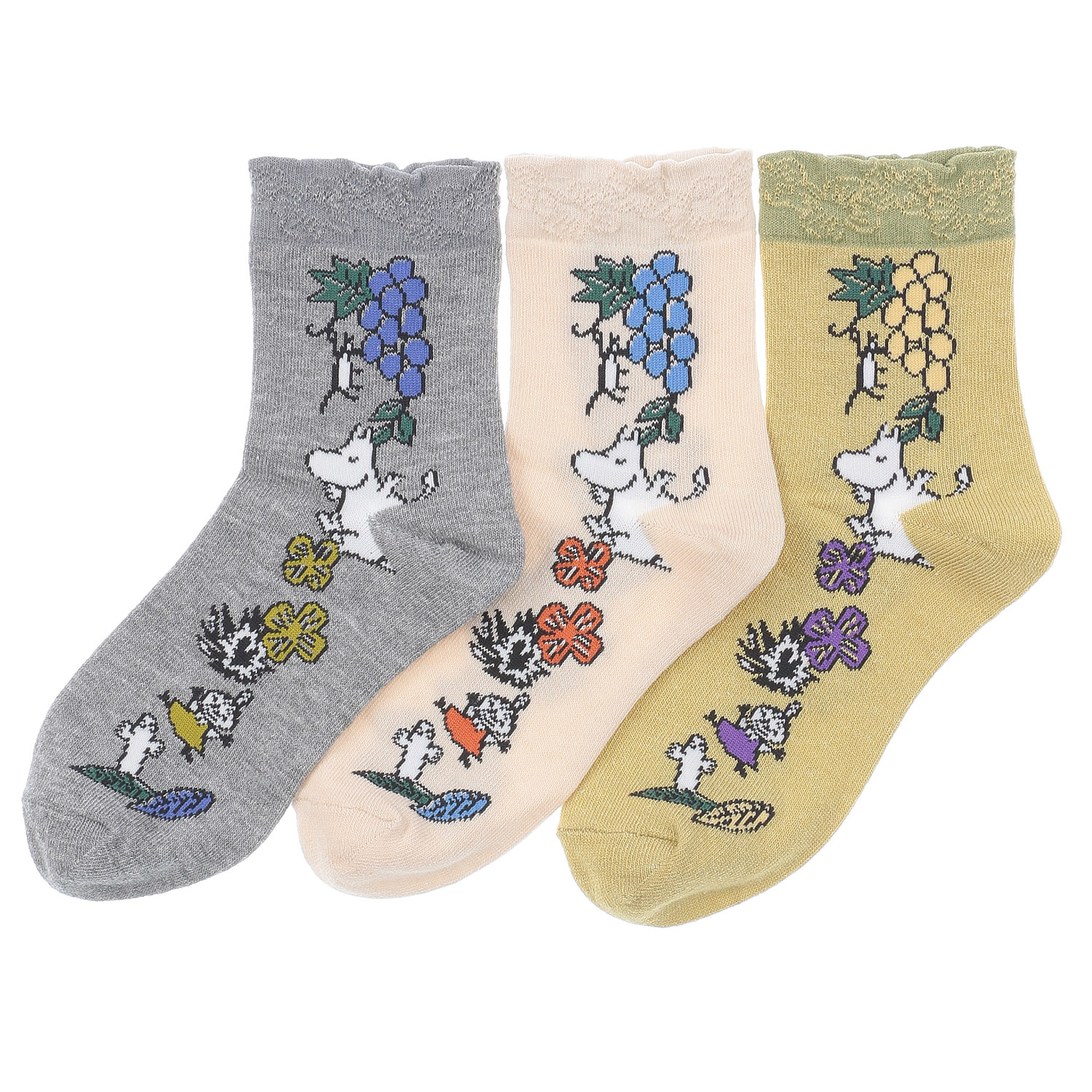 MOOMIN ロークルーソックス 麻入り フルーツガーデンサイド柄 - 画像1