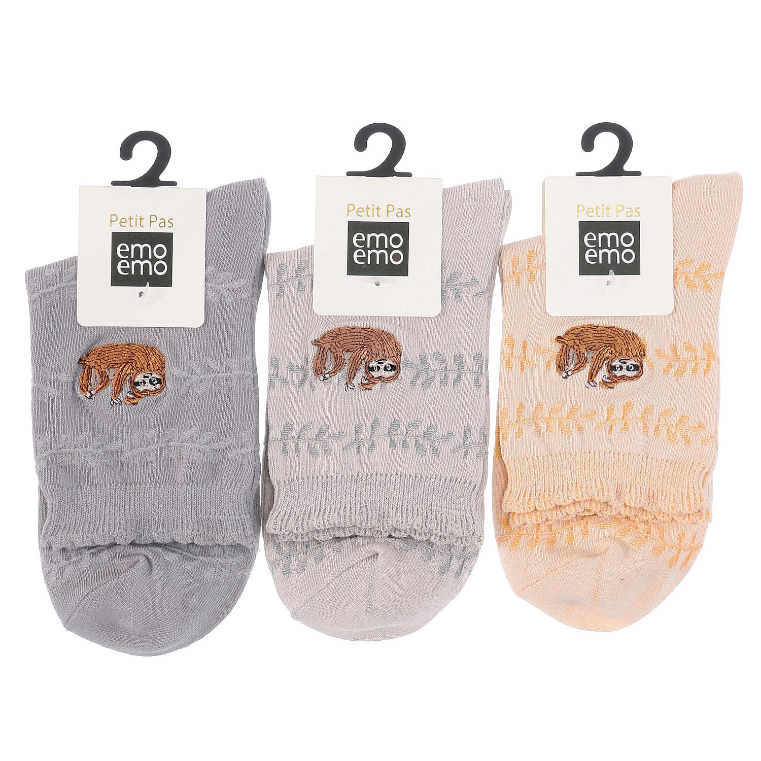 プティパ×emoemo ロークルー丈 リーフ＋ナマケモノ刺繍【在庫限り】 - 画像1