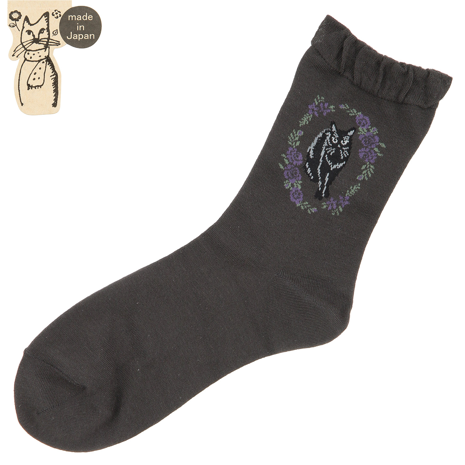 クルー丈 猫ソックス お花と猫 - 画像3