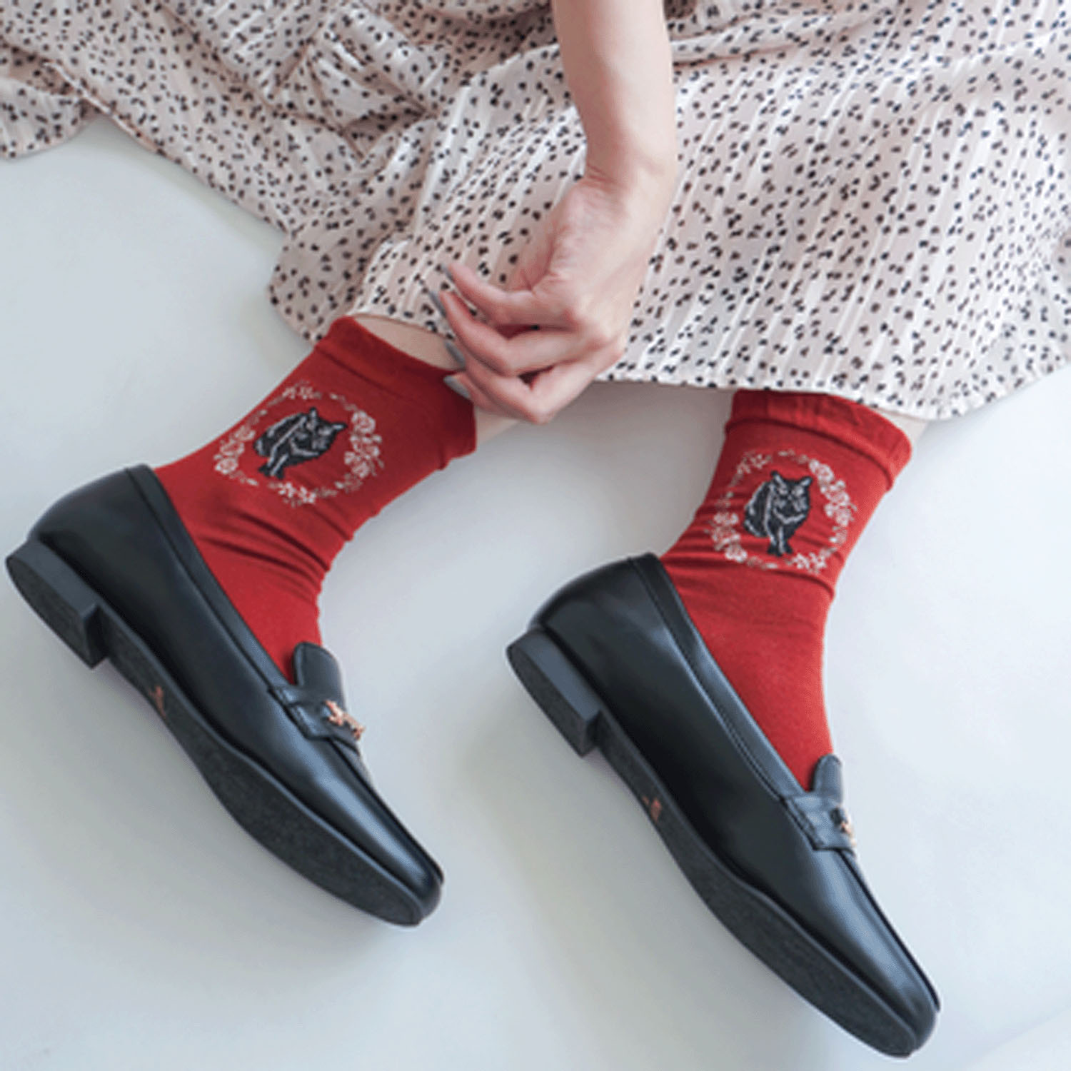 クルー丈 猫ソックス お花と猫 - 画像7