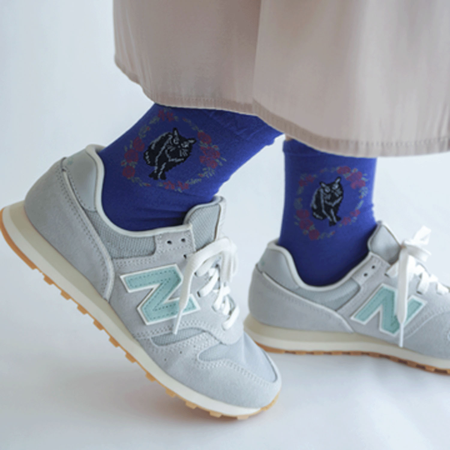 クルー丈 猫ソックス お花と猫 - 画像10