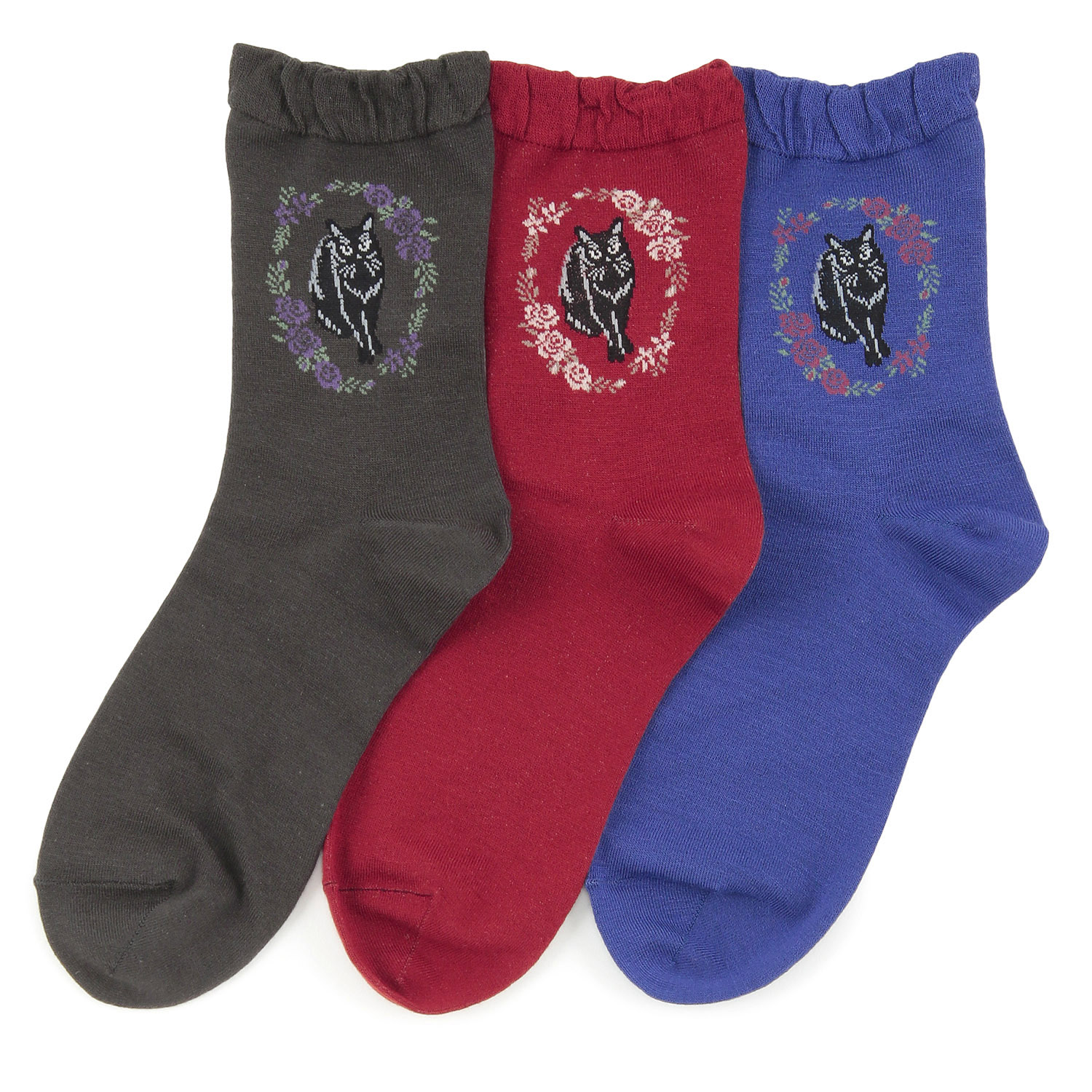 クルー丈 猫ソックス お花と猫 - 画像1