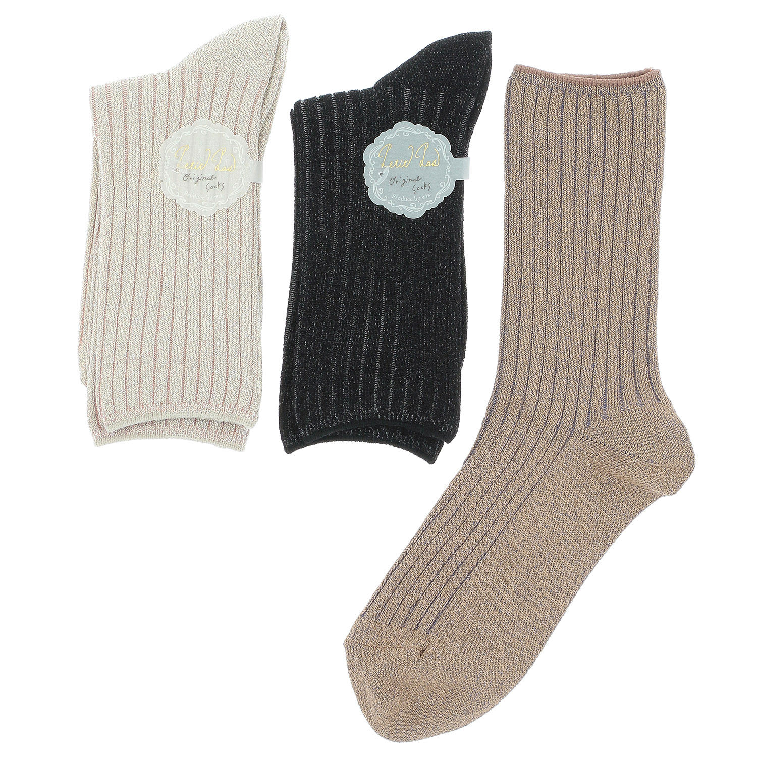 プティパ  クルー丈 ラメ 4×2リブ ストライプ柄  靴下【在庫限り】