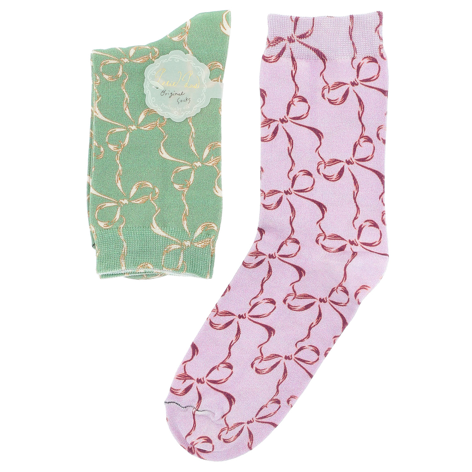 プティパ クルー丈 表綿100％ プリント  リボン柄 靴下【在庫限り】