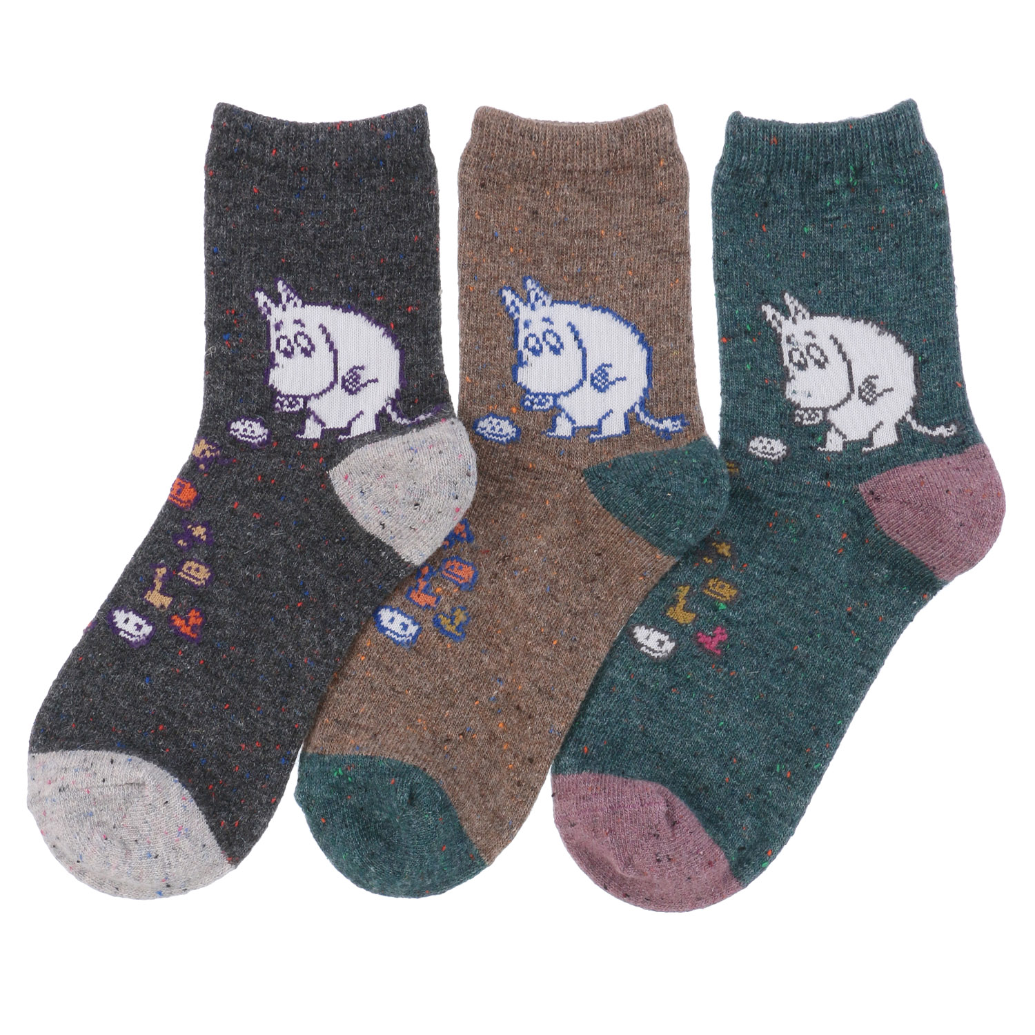 MOOMIN ロークルーソックス ネップ ボタン拾いムーミン【在庫限り】 - 画像1