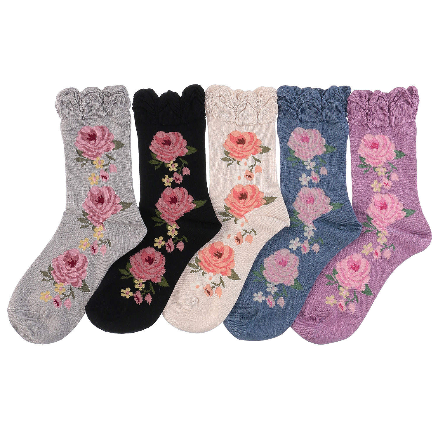 ギュレ レーヨンシルク混 大バラ柄 靴下 - 画像1