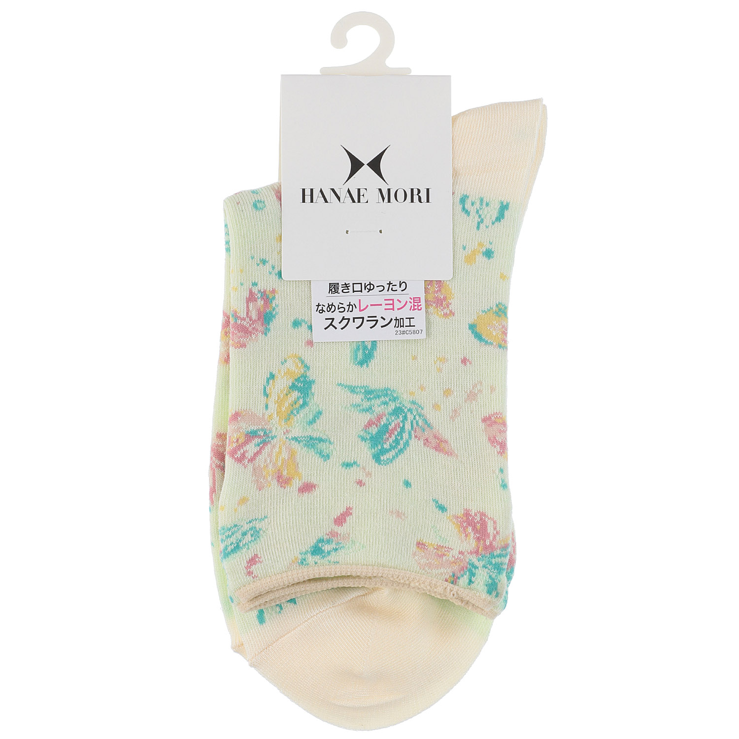 ハナエモリ クルー丈ソックス バタフライ総柄 なめらかレーヨン混 - 画像3