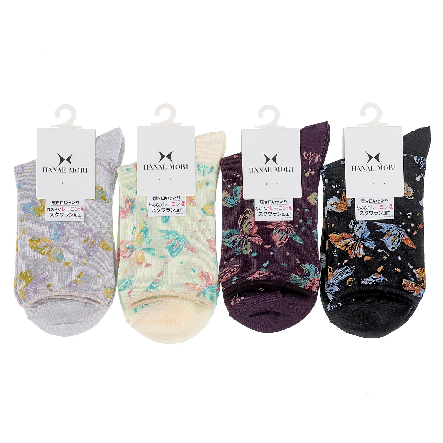 ハナエモリ クルー丈ソックス バタフライ総柄 なめらかレーヨン混