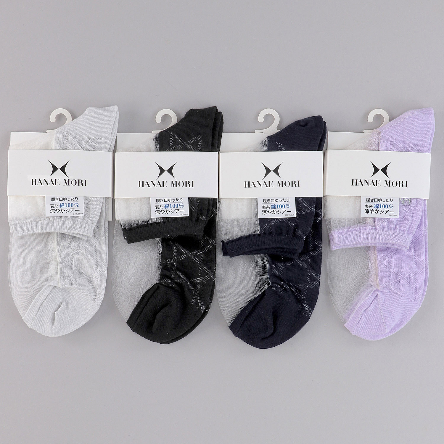 ハナエモリ クルー丈 シースルーソックス 刺繍