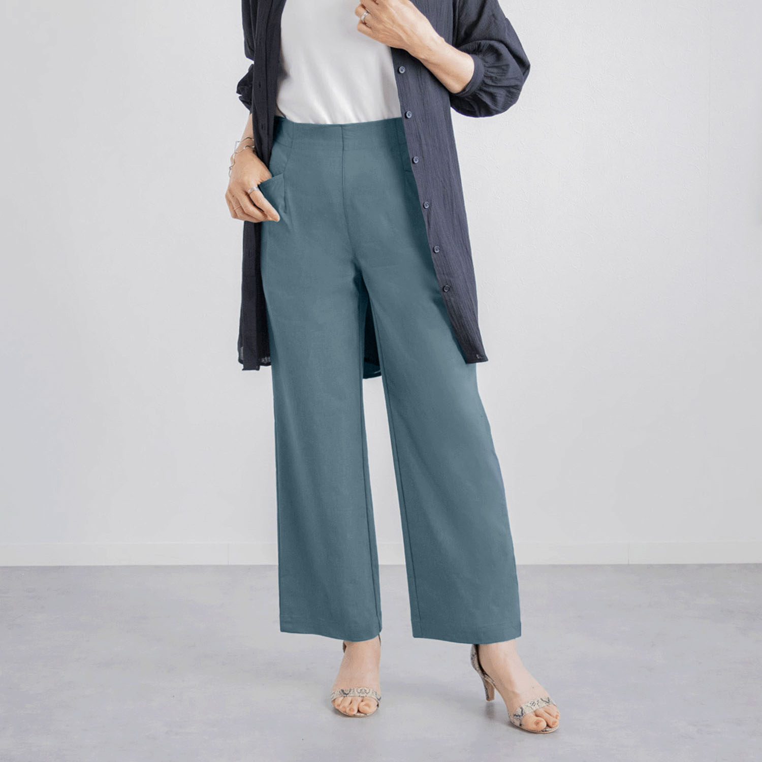 麻混ストレッチデザインワイドパンツ