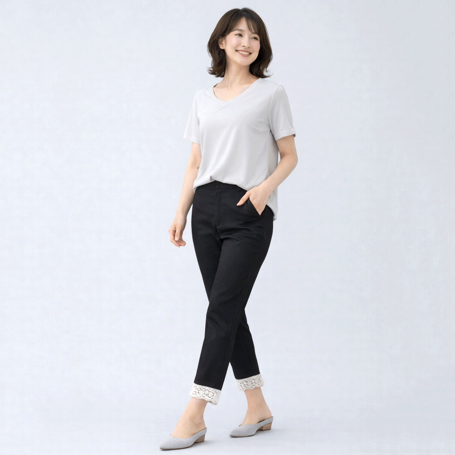 ポリエステルハイテンション 裾レースアンクルパンツ