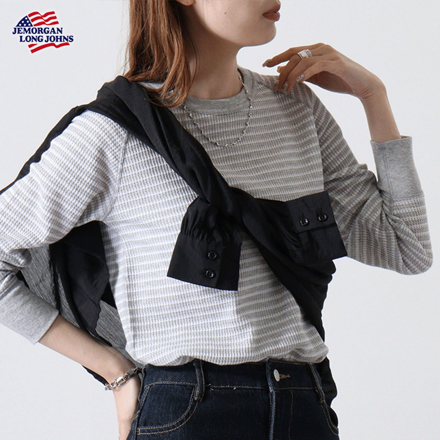 【JEMORGAN LONG JOHNS】 ボーダー ワッフルラグランTパック