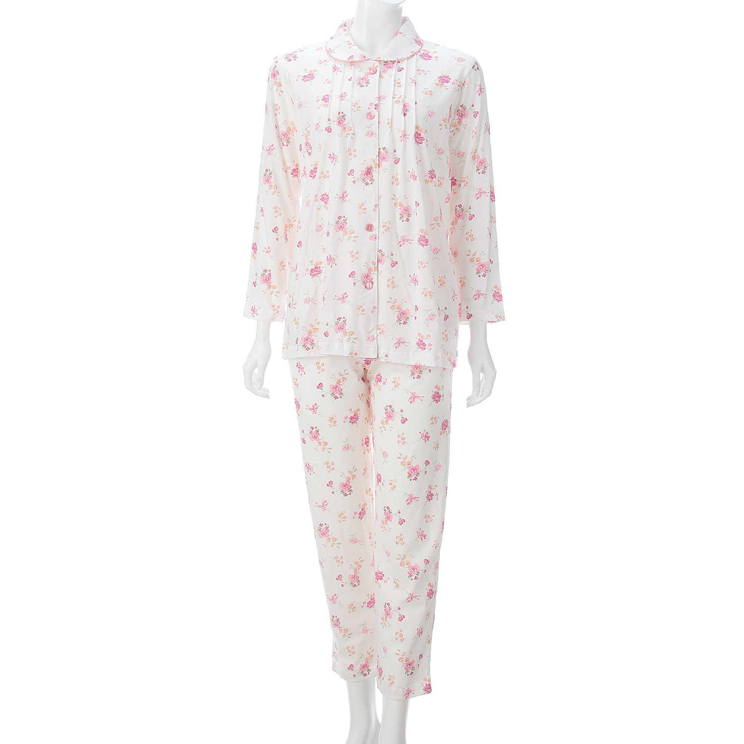 婦人 綿100％天竺 フラワープリント ピンタック 丸襟パジャマ - 画像1