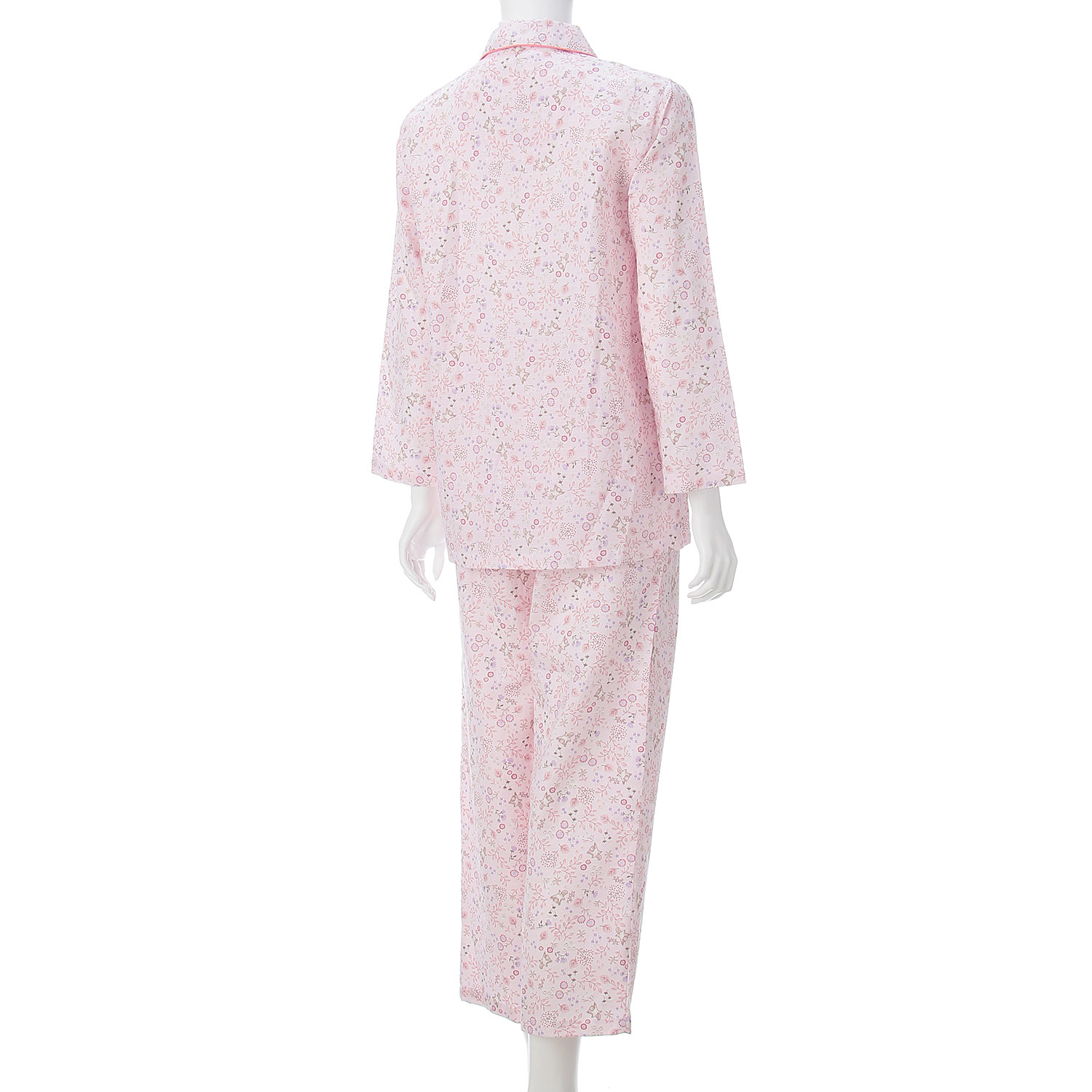 婦人 格子ダブルガーゼ北欧風リーフモモンガ柄丸襟パジャマ - 画像2