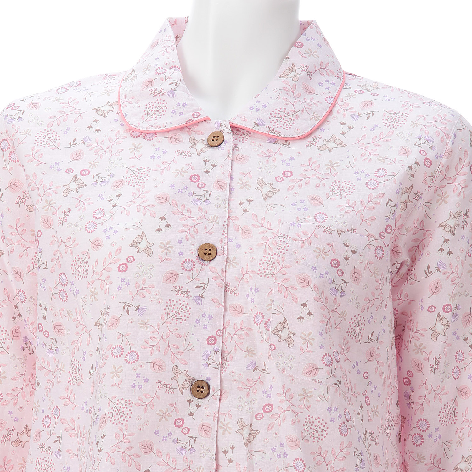 婦人 格子ダブルガーゼ北欧風リーフモモンガ柄丸襟パジャマ - 画像3