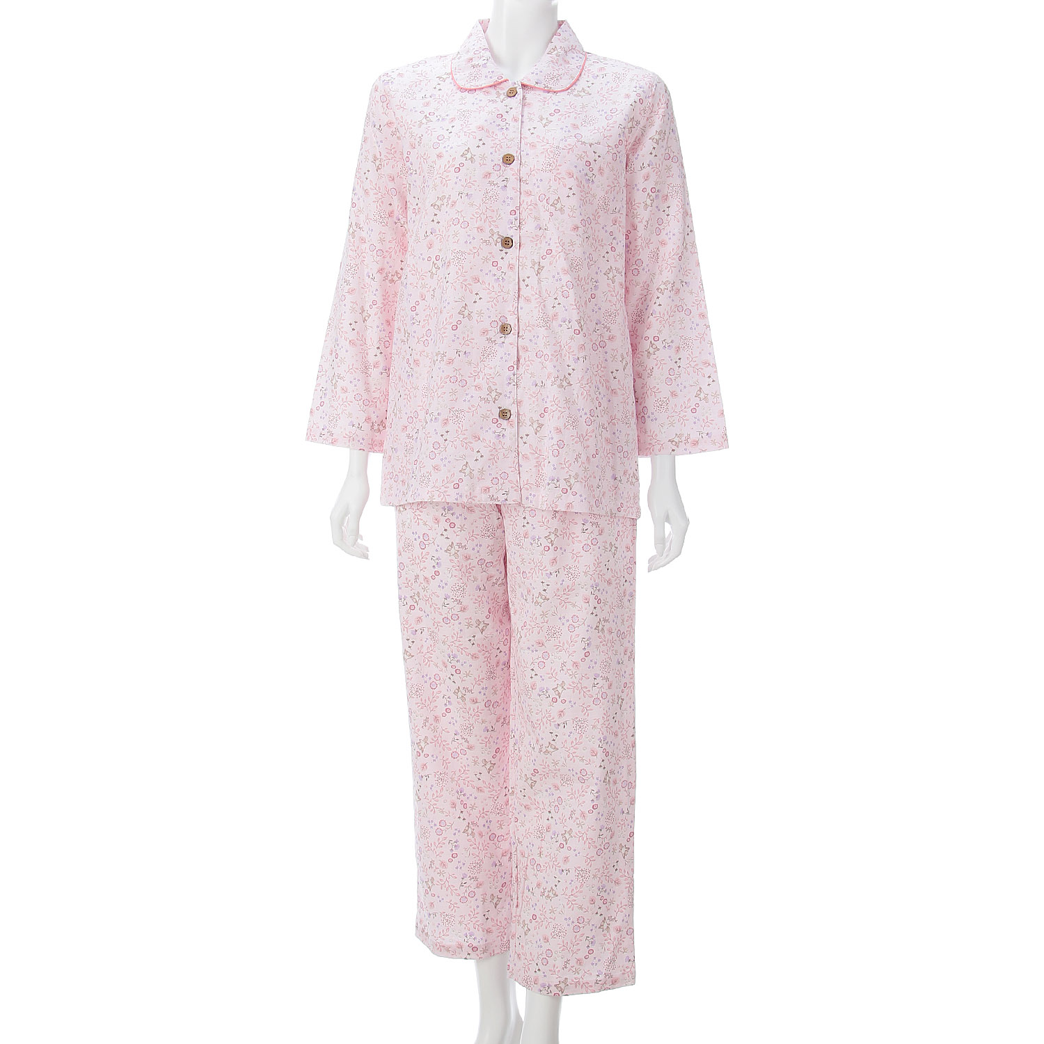 婦人 格子ダブルガーゼ北欧風リーフモモンガ柄丸襟パジャマ - 画像1