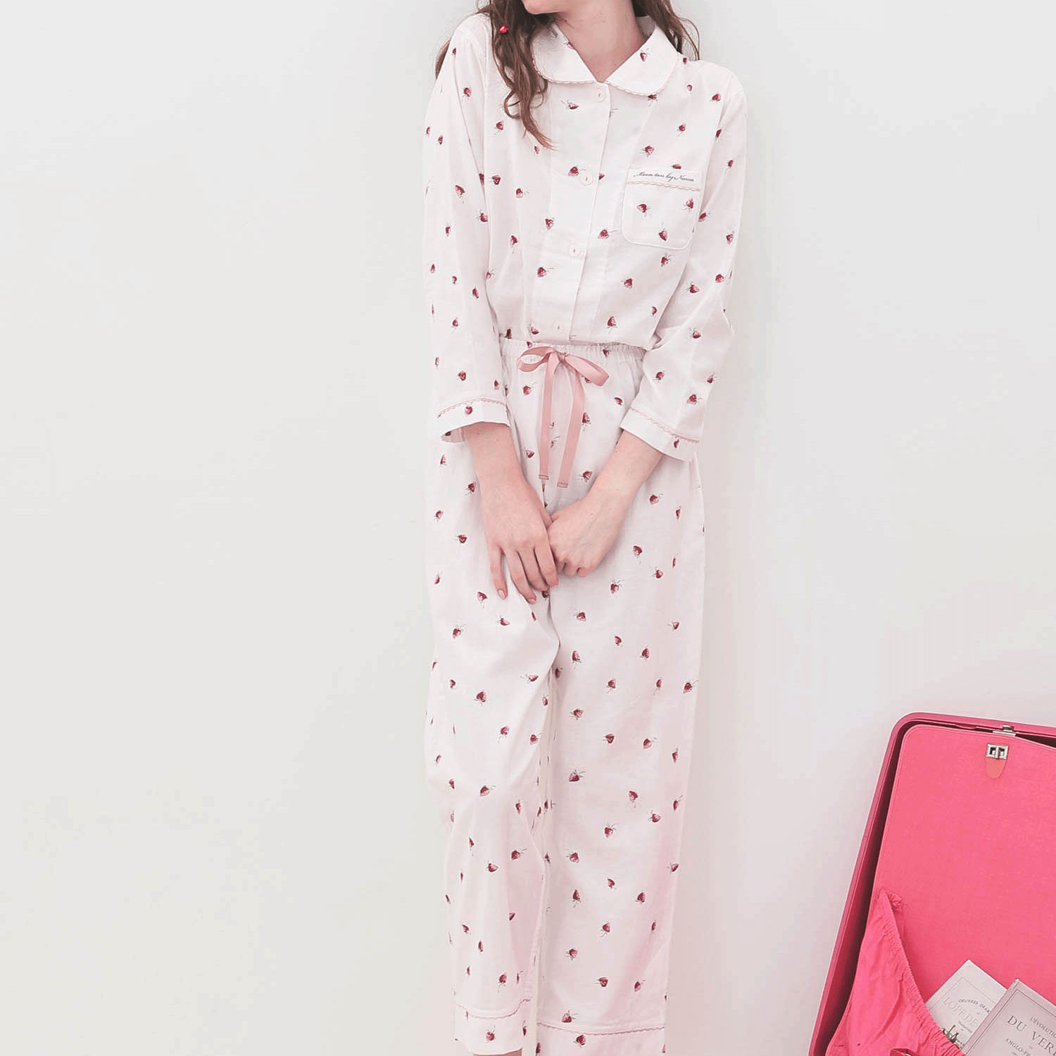 Narue コットンダブルガーゼいちごシャツパジャマ - 画像1