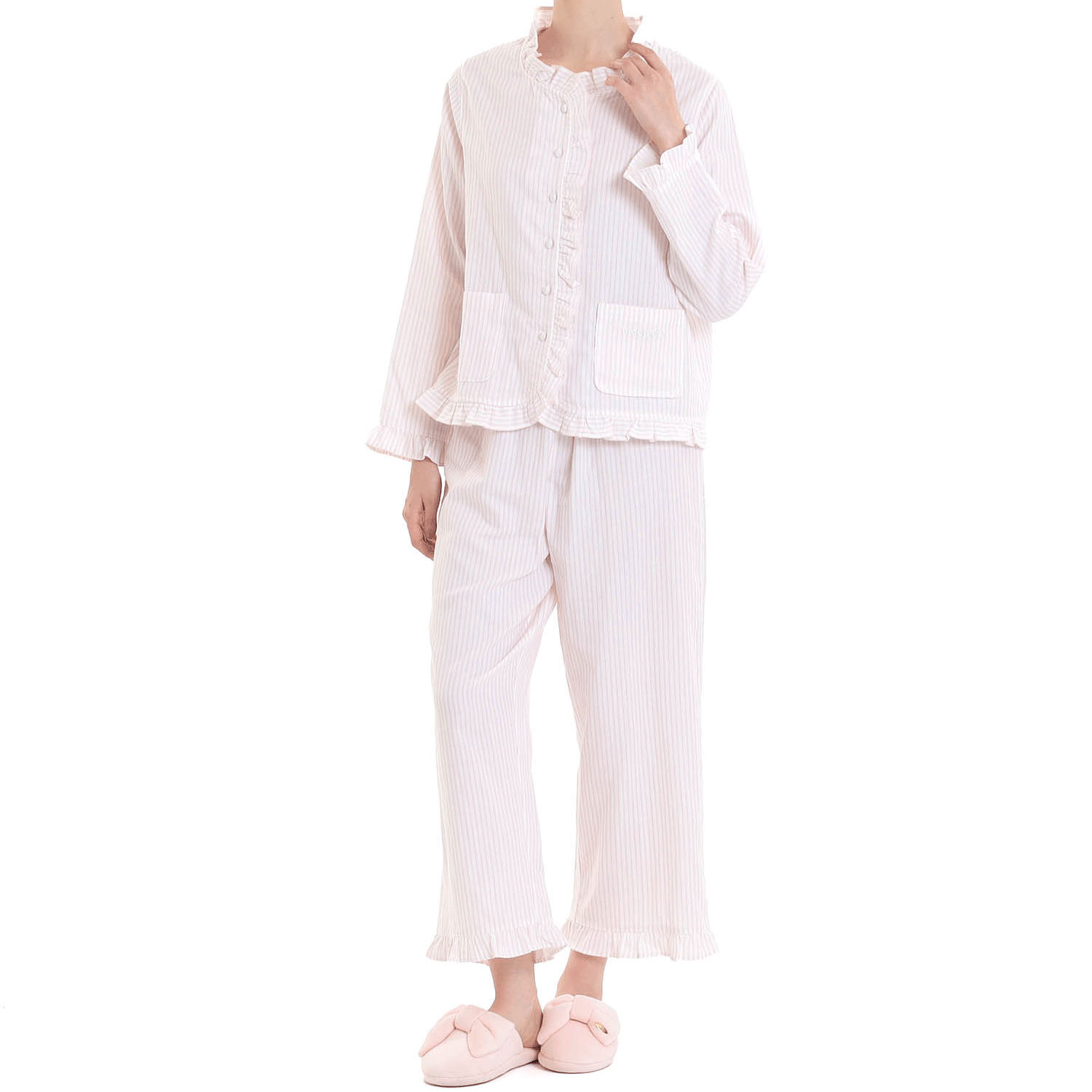 Narue コットンダブルガーゼストライプフリルパジャマ - 画像2