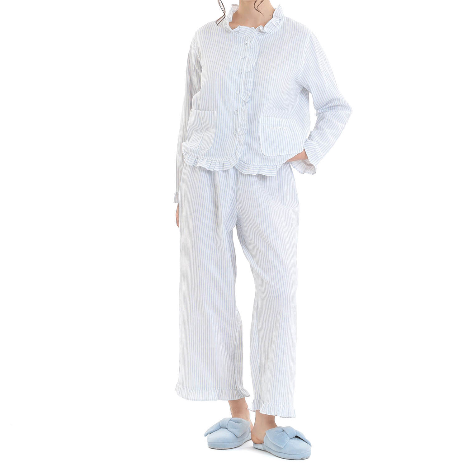 Narue コットンダブルガーゼストライプフリルパジャマ - 画像10