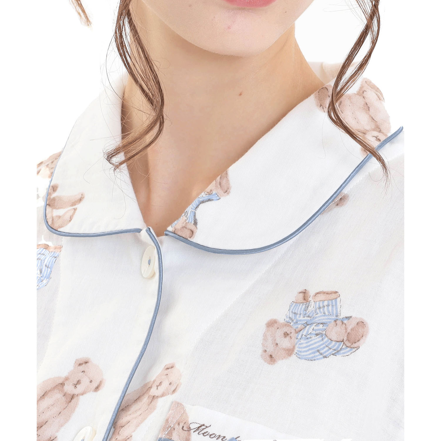 Narueコットンダブルガーゼおやすみベアシャツパジャマ - 画像4