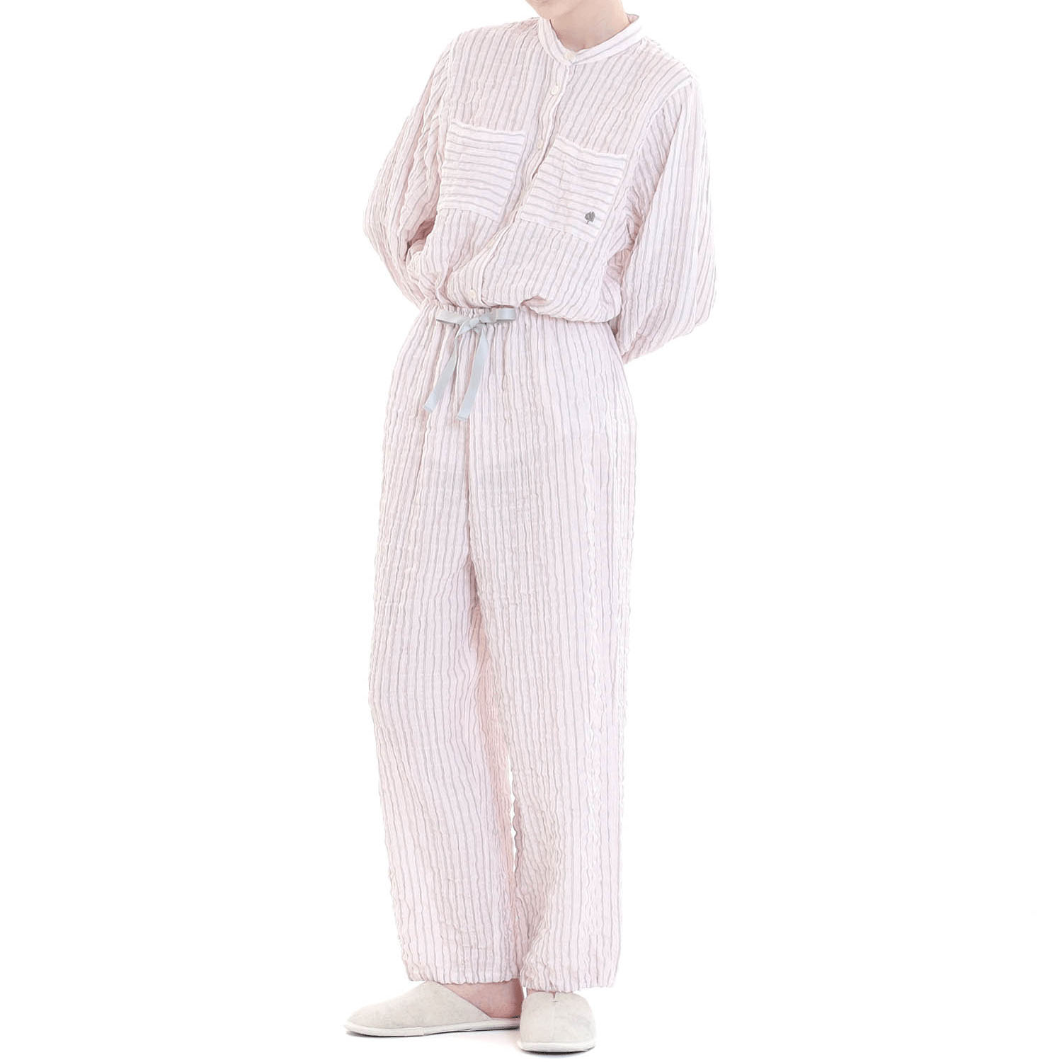 Narue シャーリングダブルガーゼストライプスタンドカラーパジャマ - 画像11